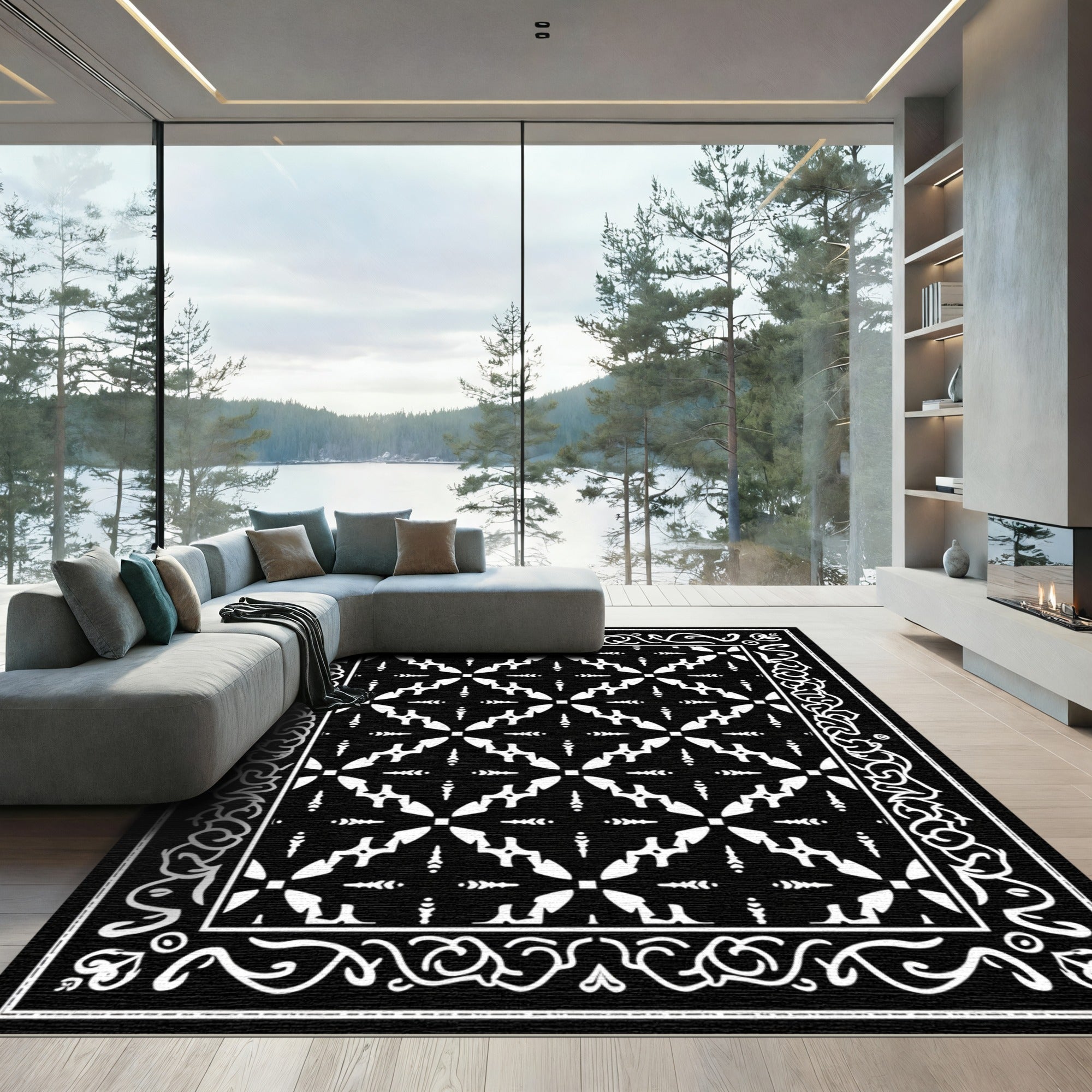 White Graphic Starburst Border Rug