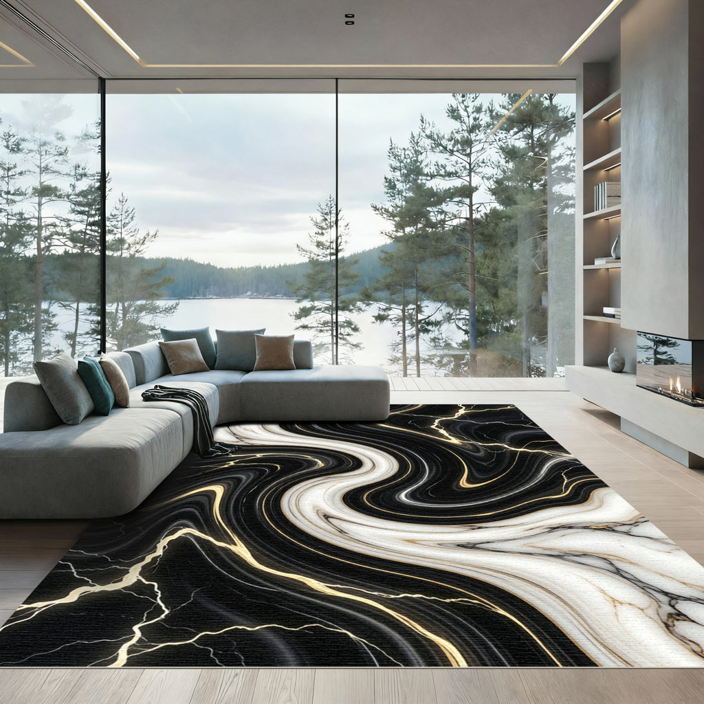Luxury Black and White Marble Swirl Rug