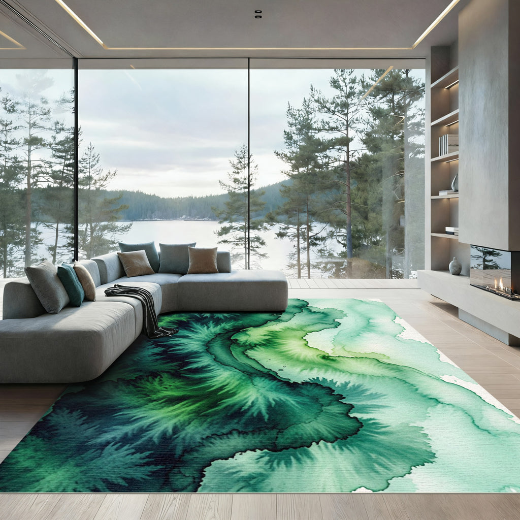 Emerald Forest Abstract watercolor waves Rug