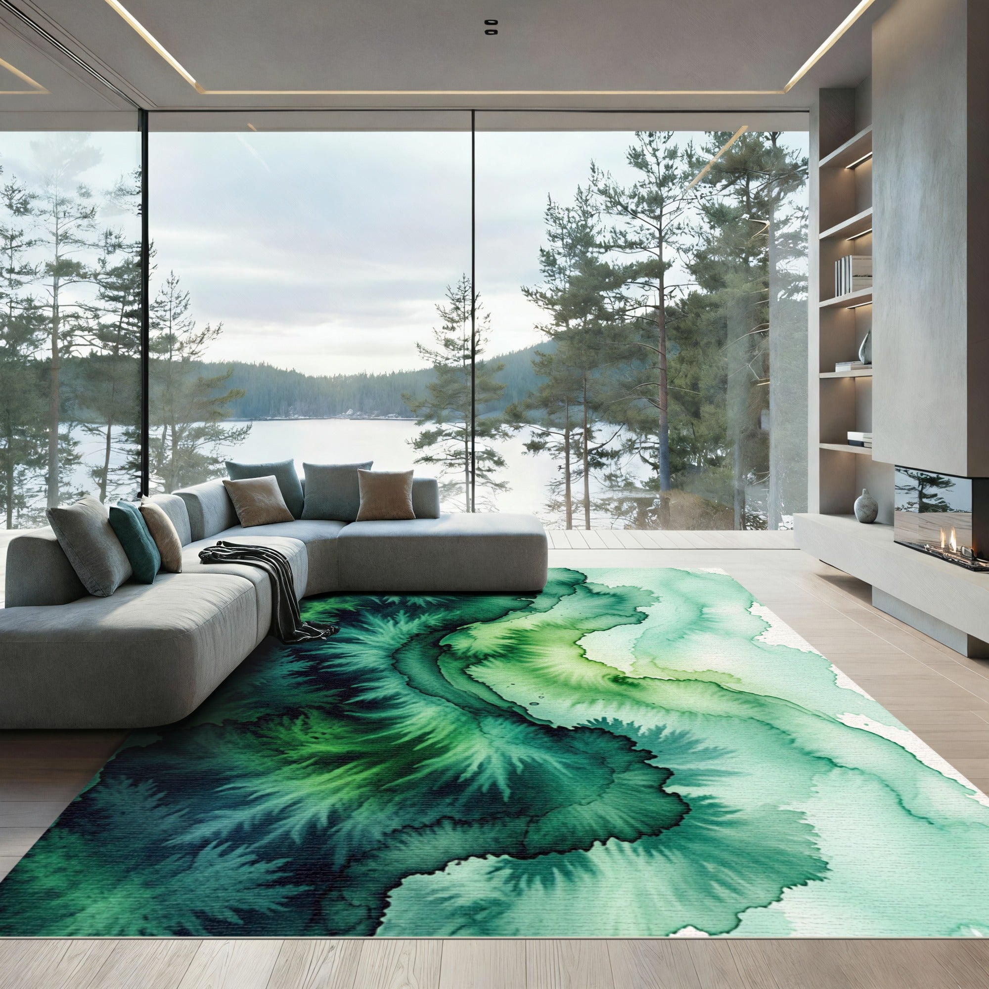 Emerald Forest Abstract watercolor waves Rug