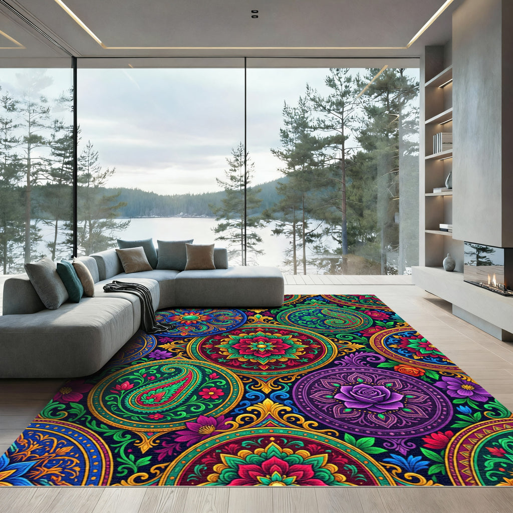 Vibrant Multicolored Floral Medallion Kaleidoscope Rug