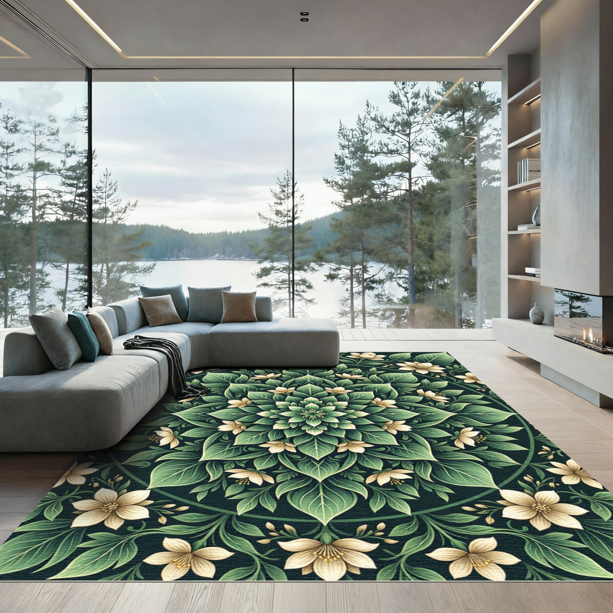 Ethereal Sage Floral Mandala Medallion Rug