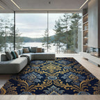 Elegant Midnight Blue Golden Damask Rug