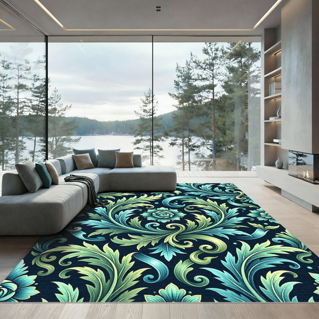 Elegant Teal and Sage Acanthus Scroll Rug