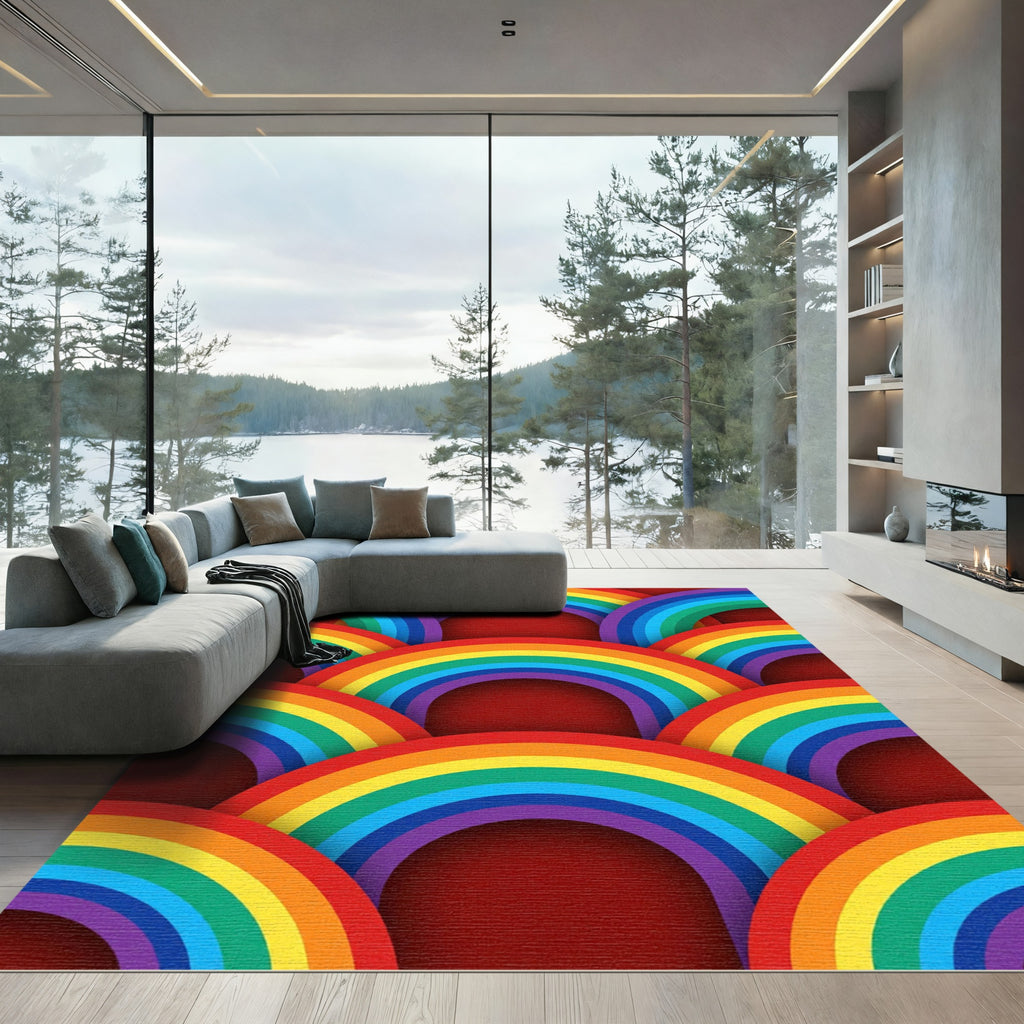 Vibrant Rainbow Arches Red Rug