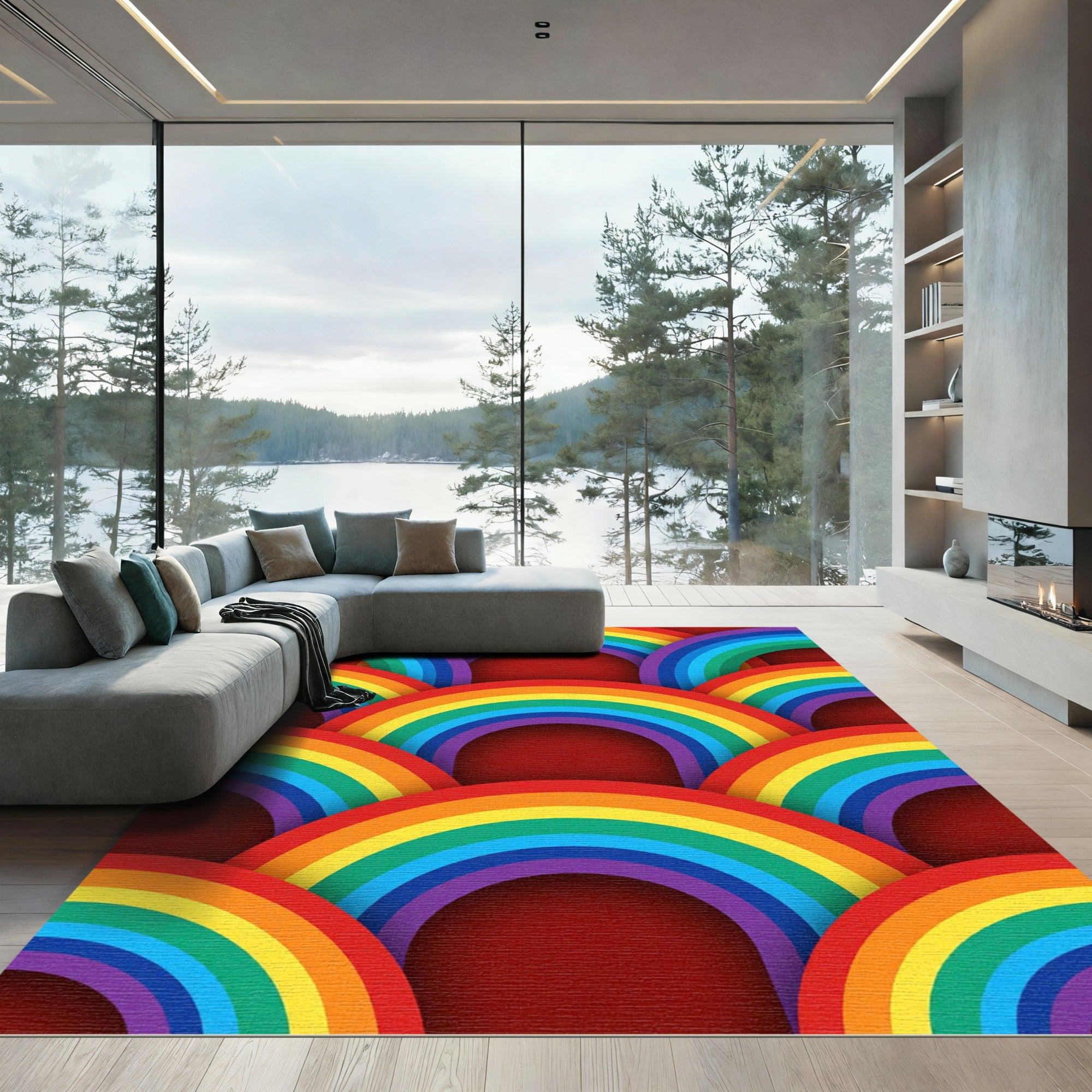Vibrant Rainbow Arches Red Rug