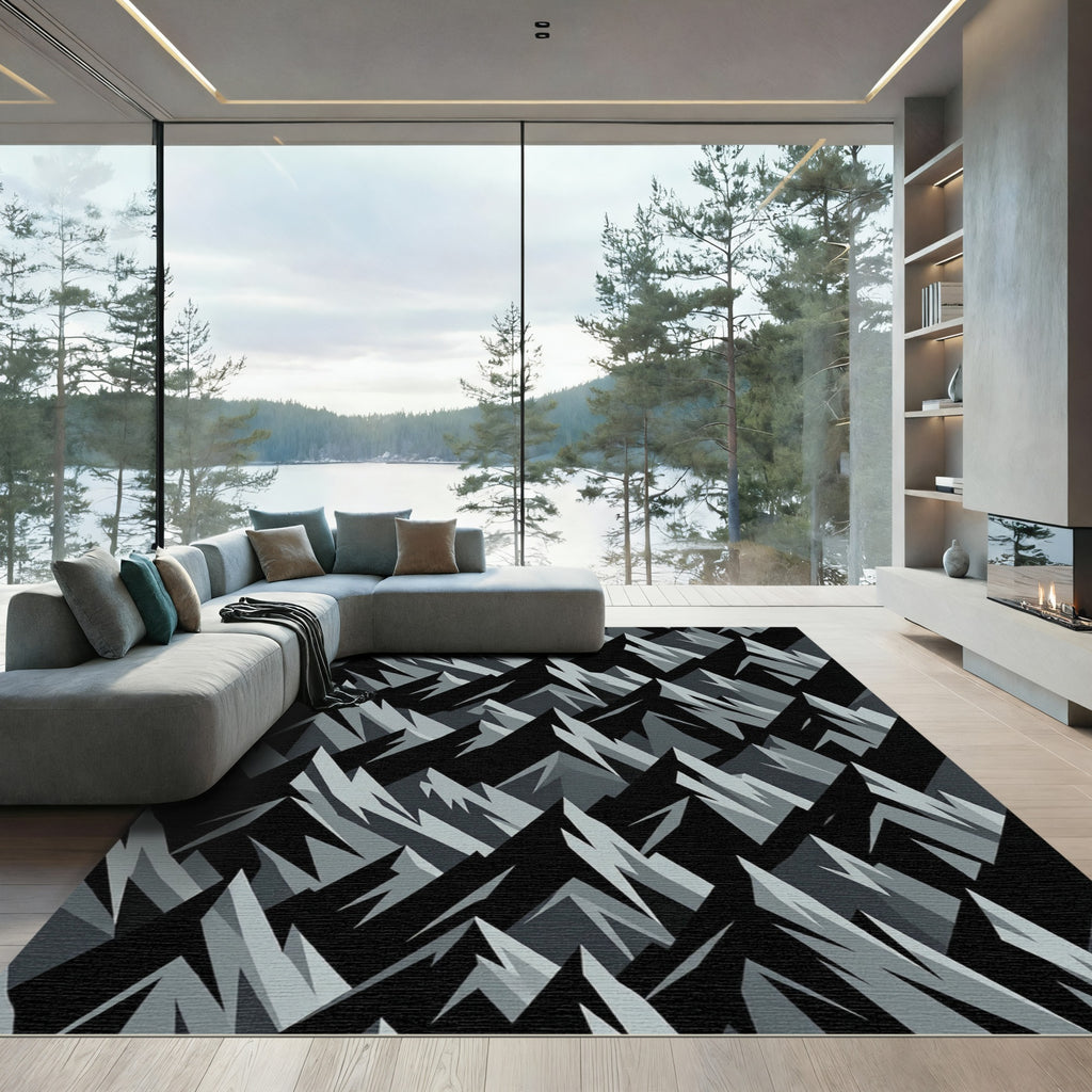 Monochrome Geometric Mountain Peak Abstract Art Rug