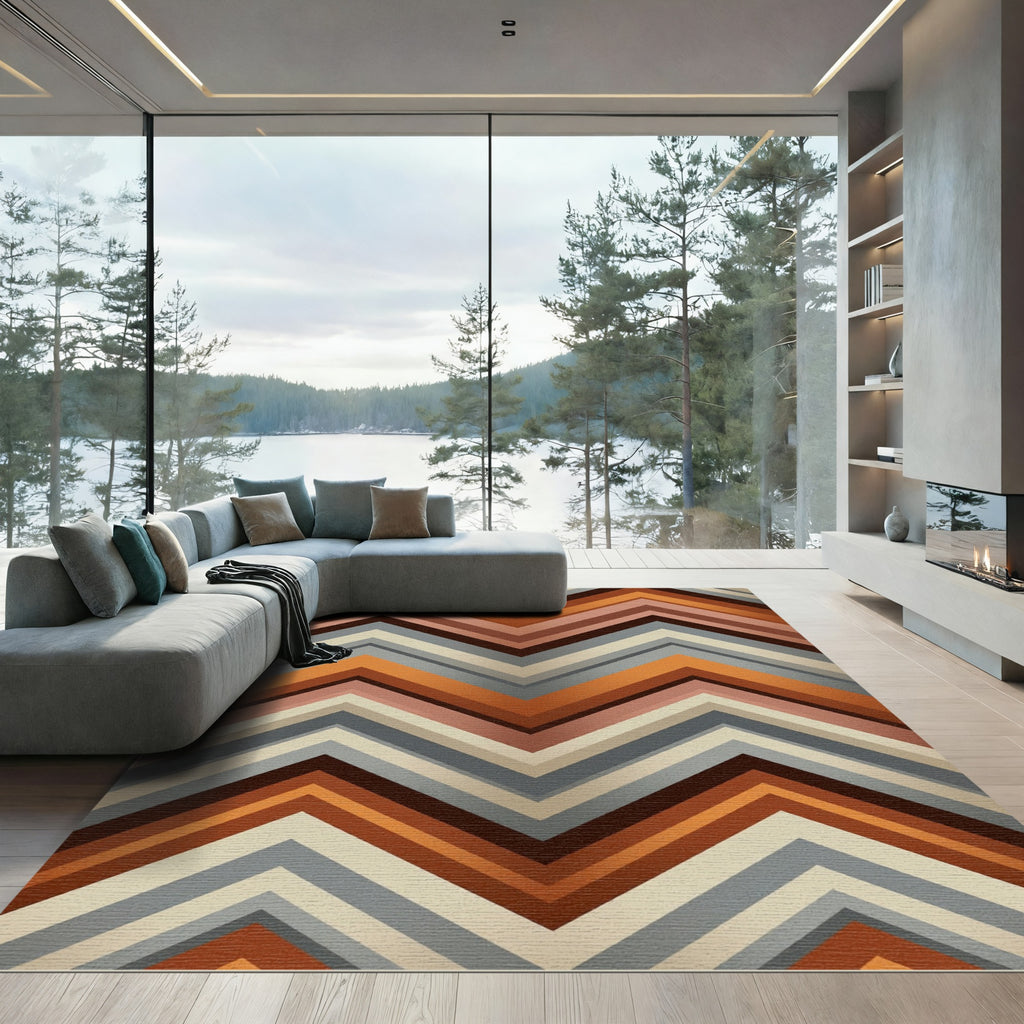 Rustic Orange Gray Chevron Stripes Rug