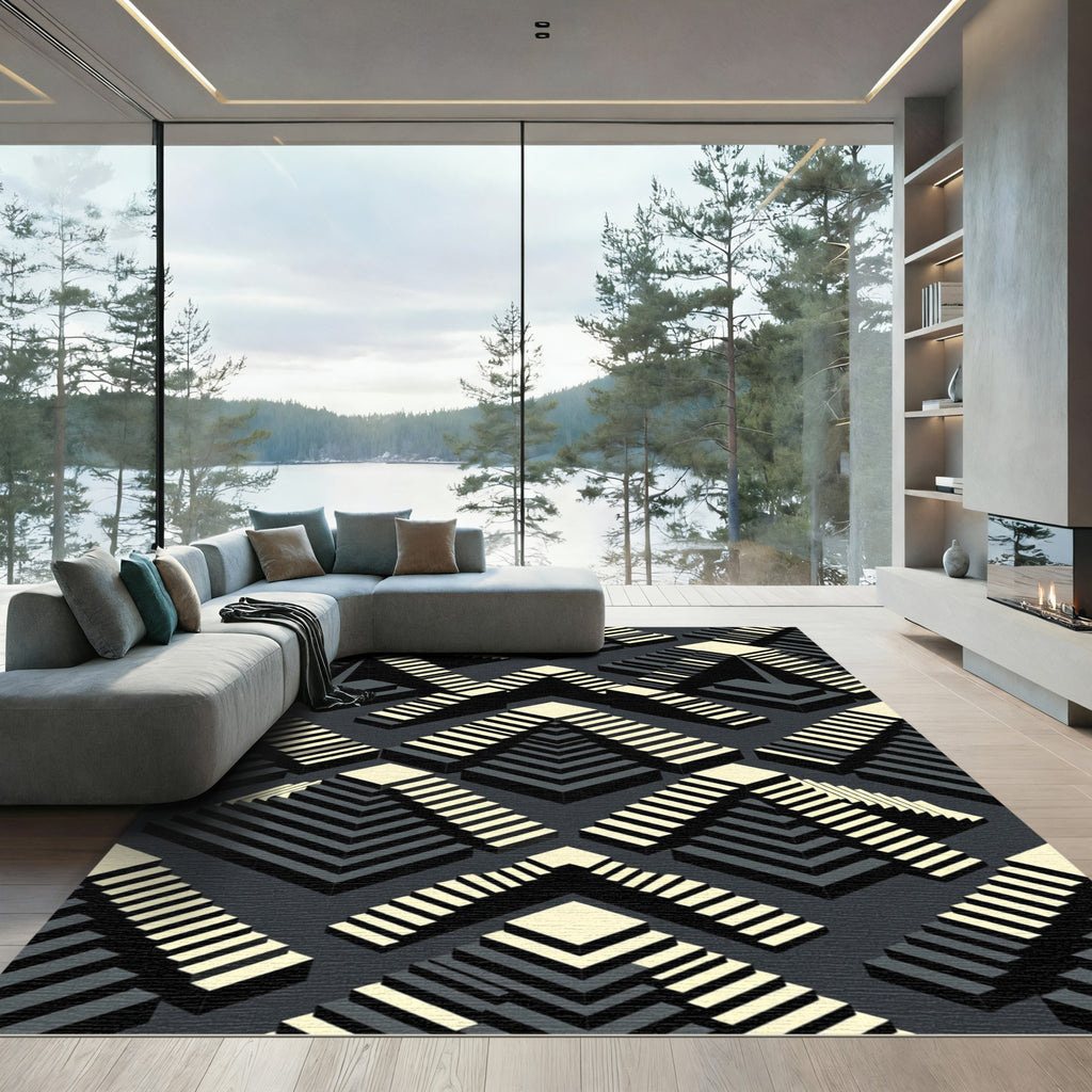 Monochrome Geometric Stairway Illusion Rug