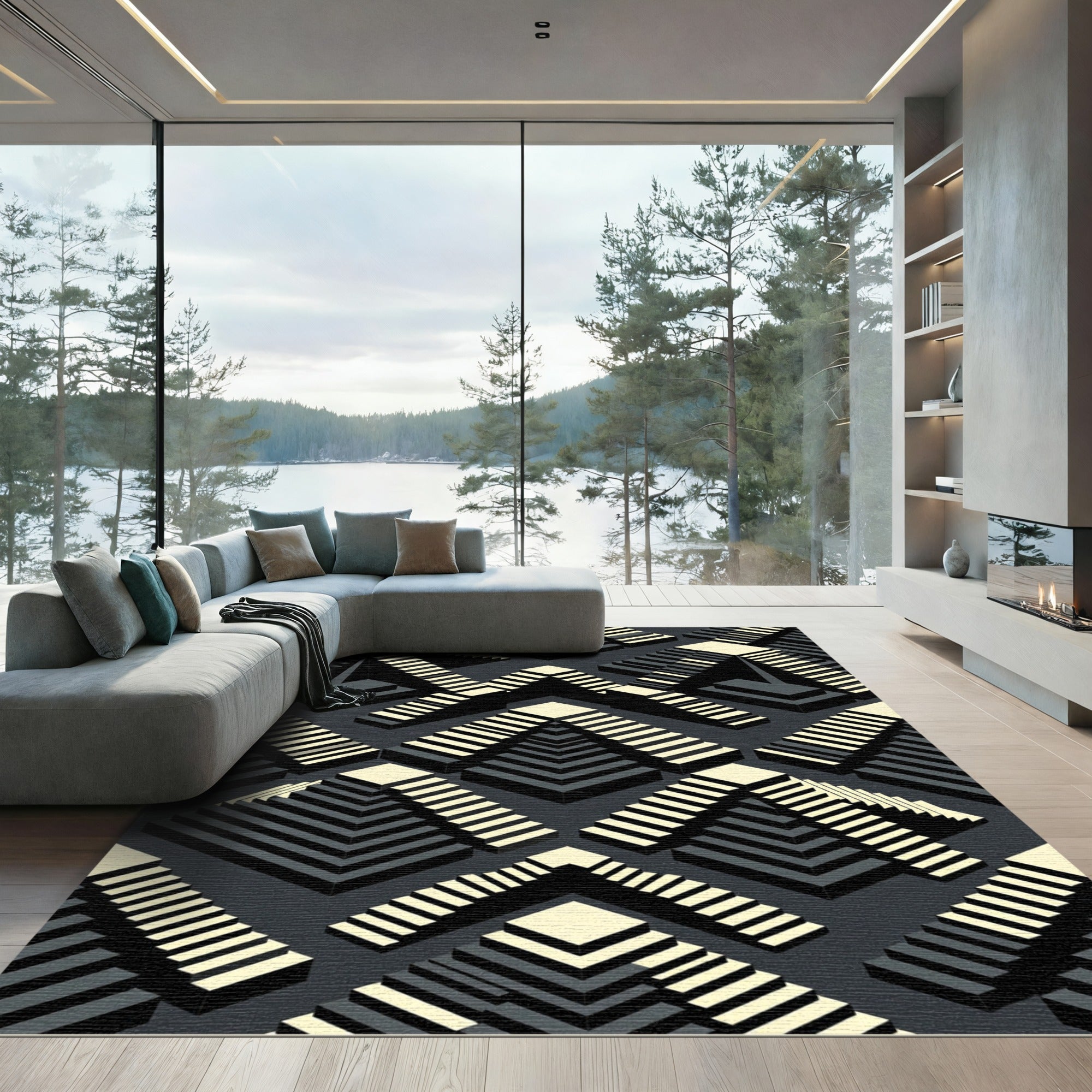 Monochrome Geometric Stairway Illusion Rug
