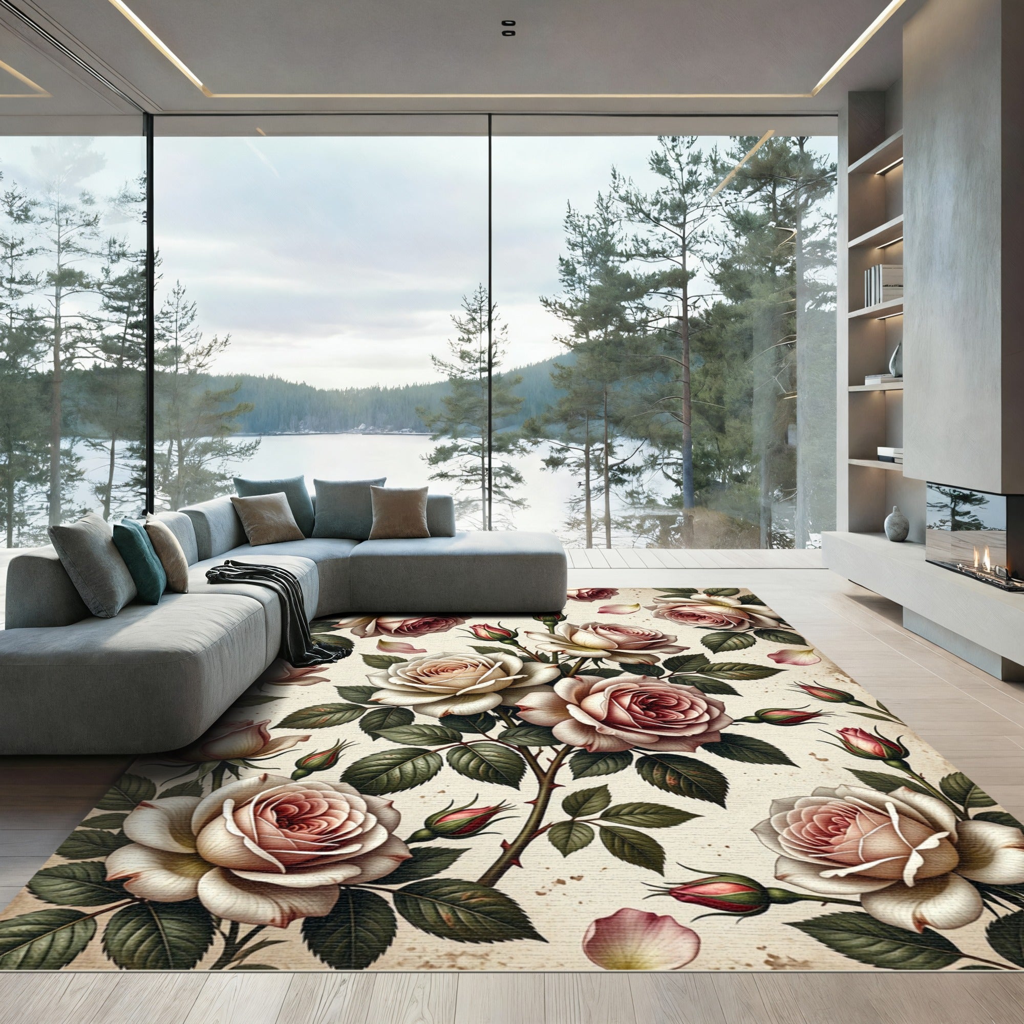 Vintage Rose Blossom Garden Panorama Rug