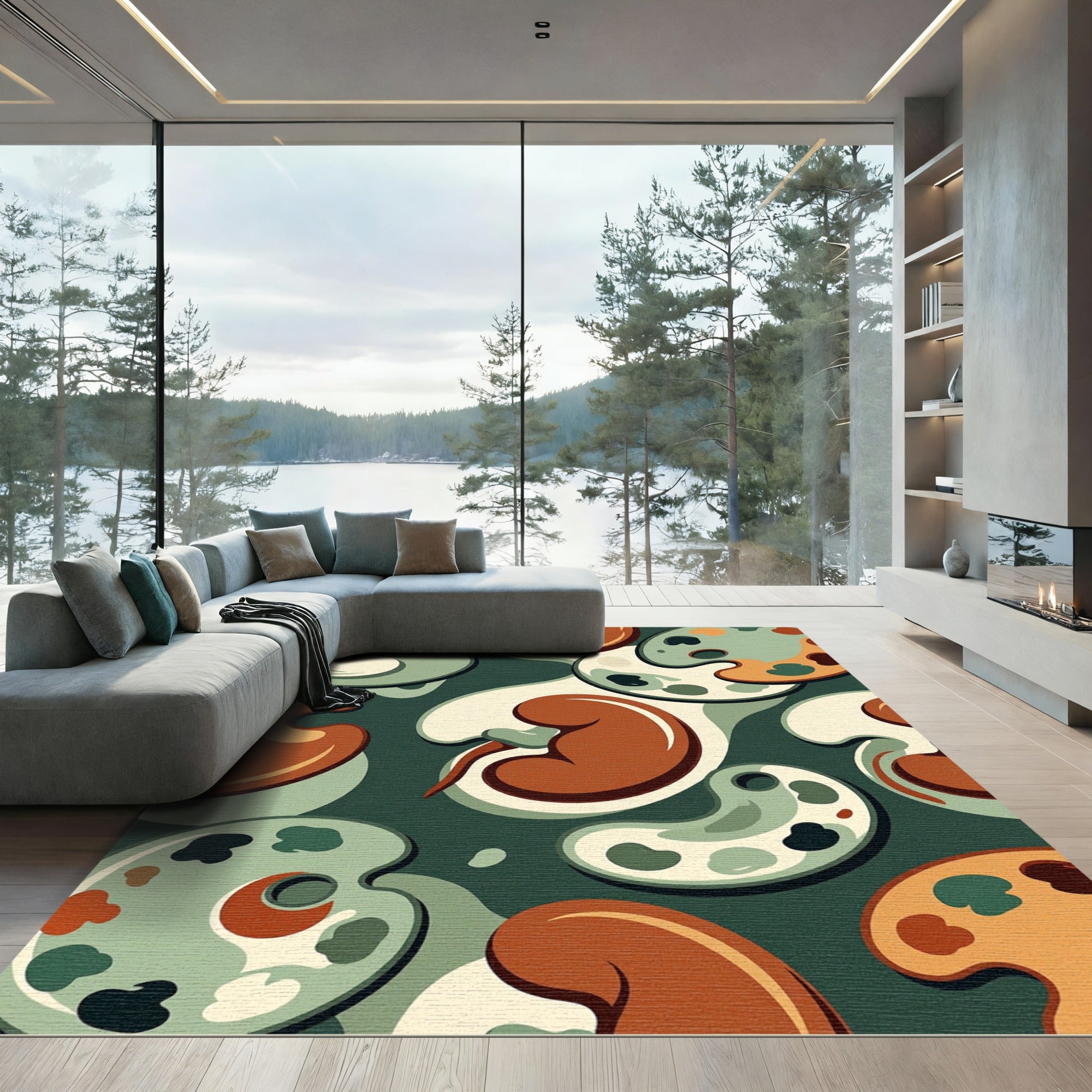 Retro Olive Orange Abstract Kidney Shape Art Rug