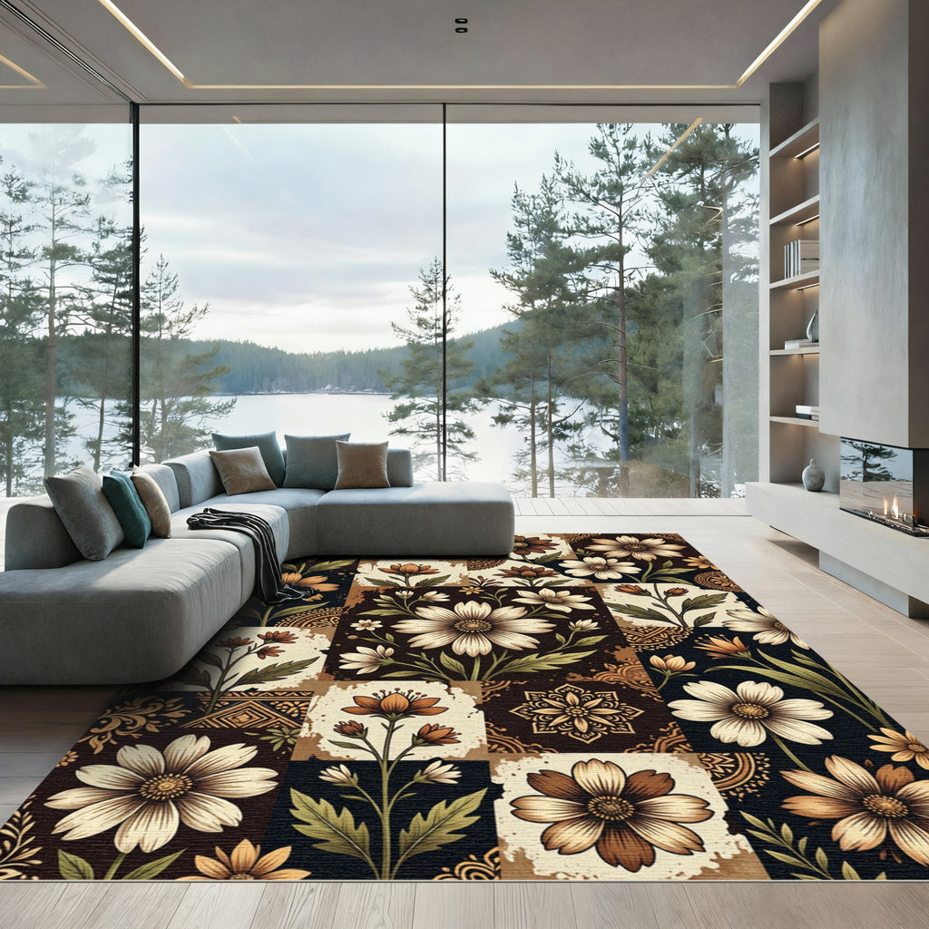 Earthy Floral Patchwork Botanical Tile Rug