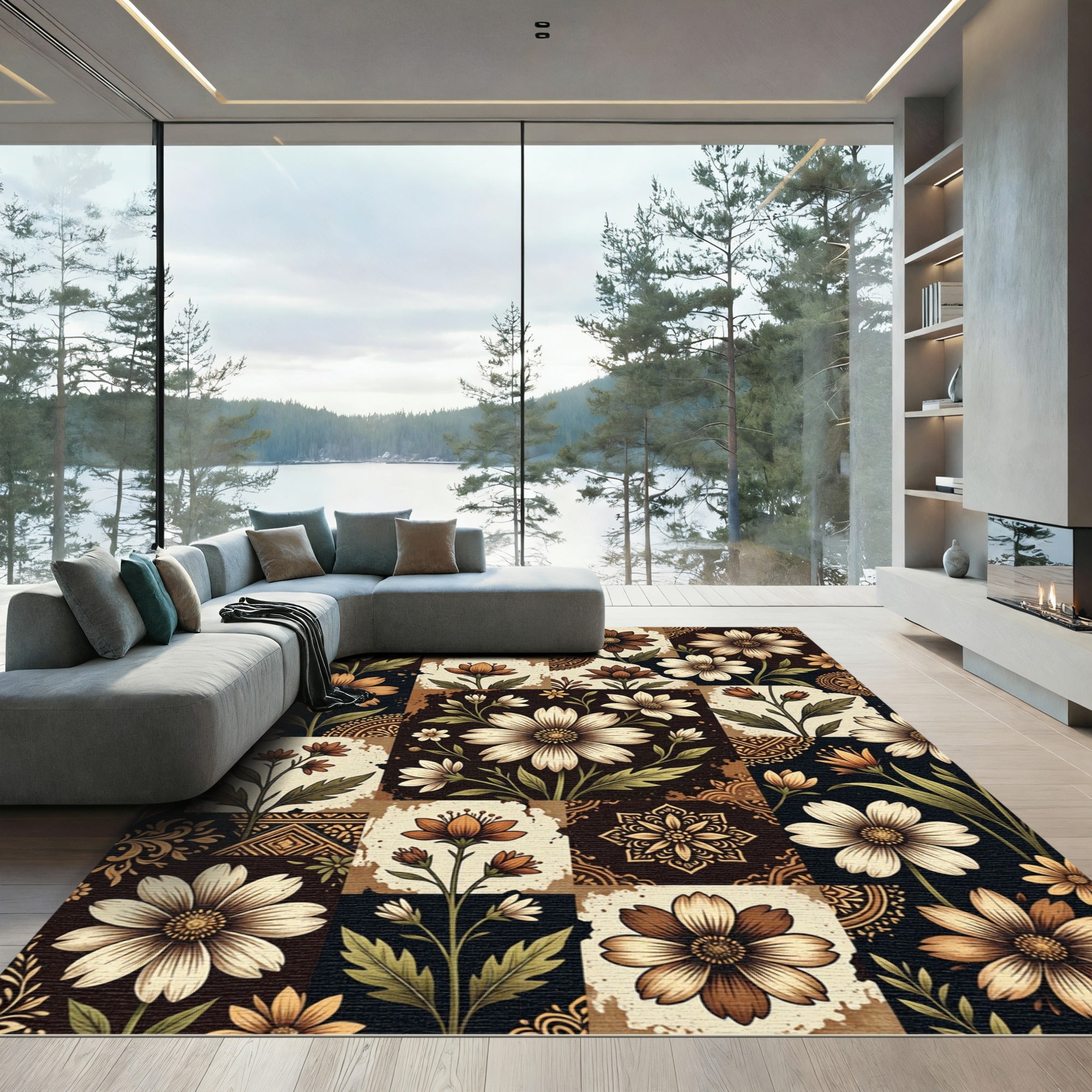 Earthy Floral Patchwork Botanical Tile Rug