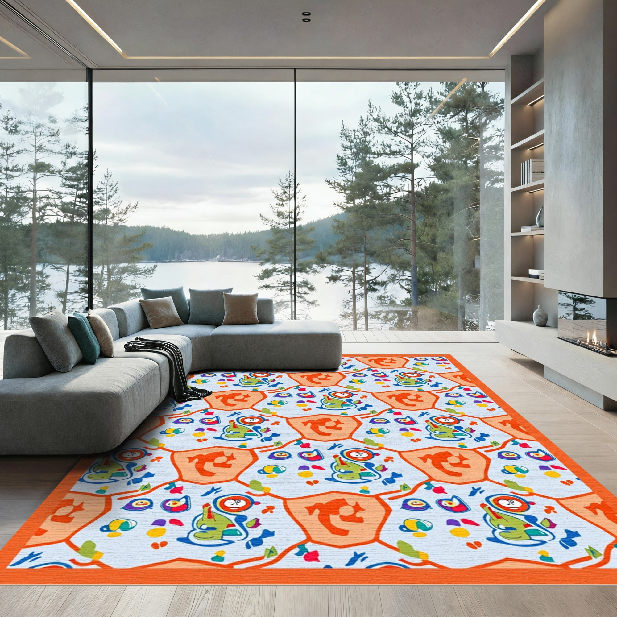 Whimsical Orange And Blue Creatures Rug