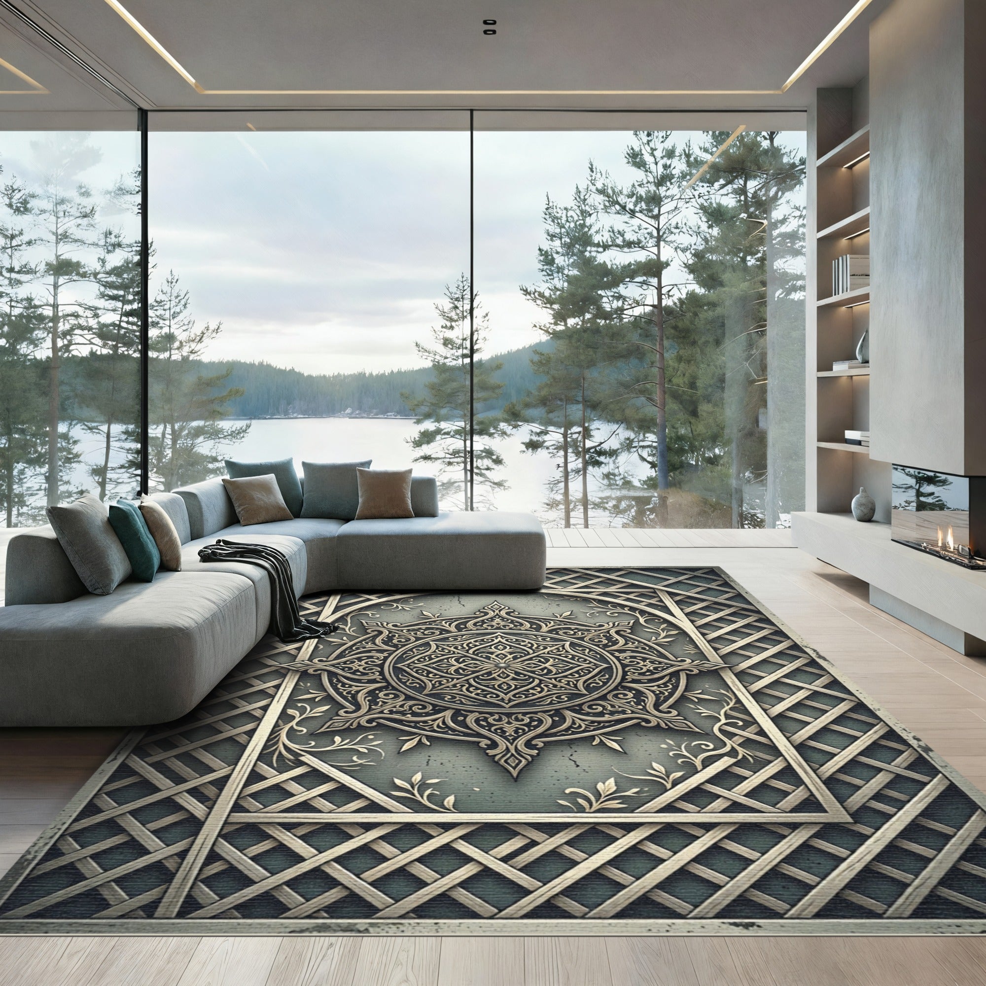 Ornate Gold Mandara Lattice Rug