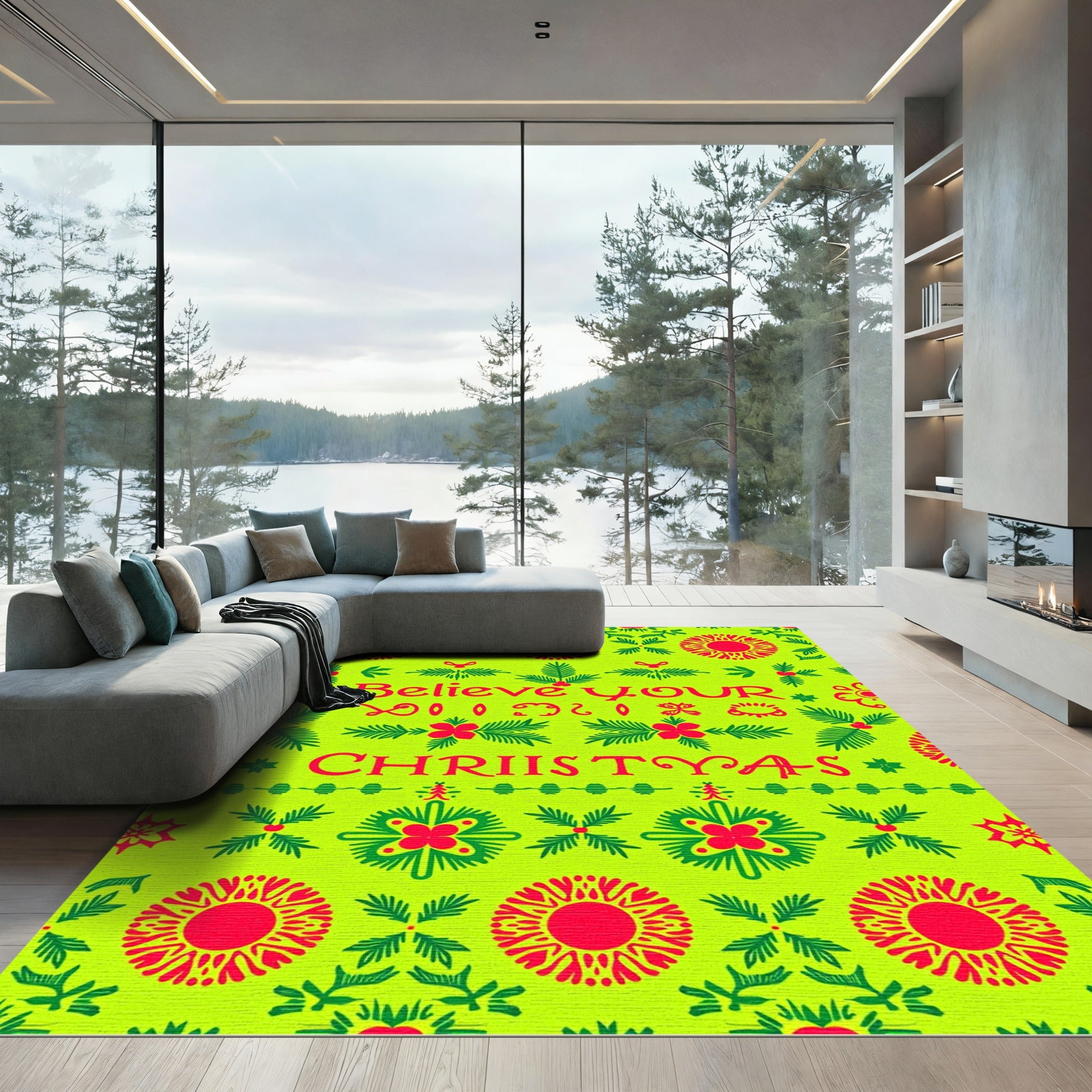 Bright Festive Christmas Holly Sun Rug