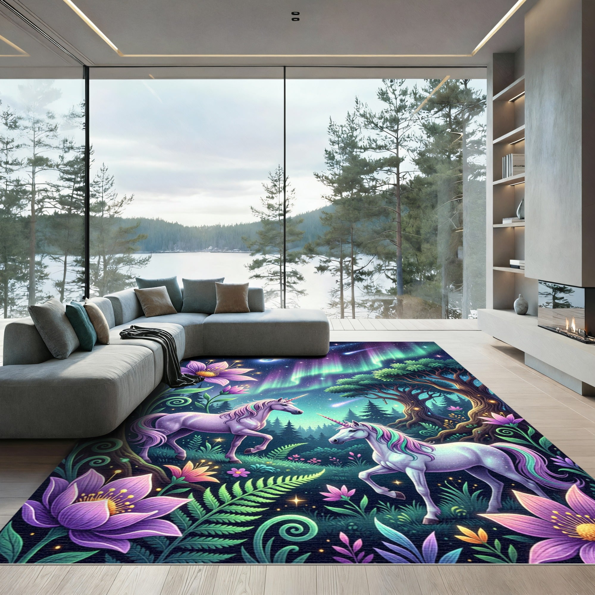 Magical Unicorn Garden with Northern Lights Rug