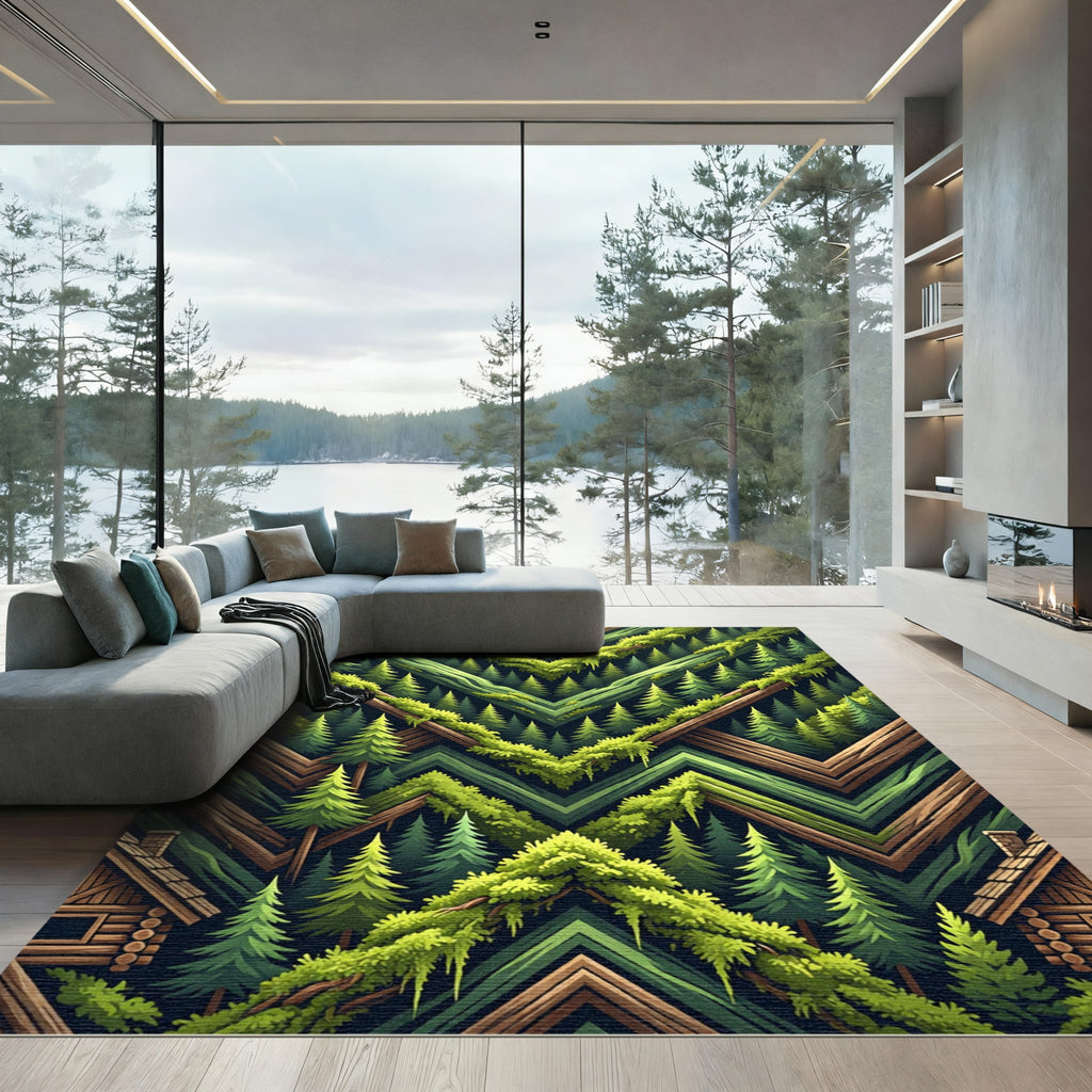 Deep Forest Woodland Geometric Chevron Rug