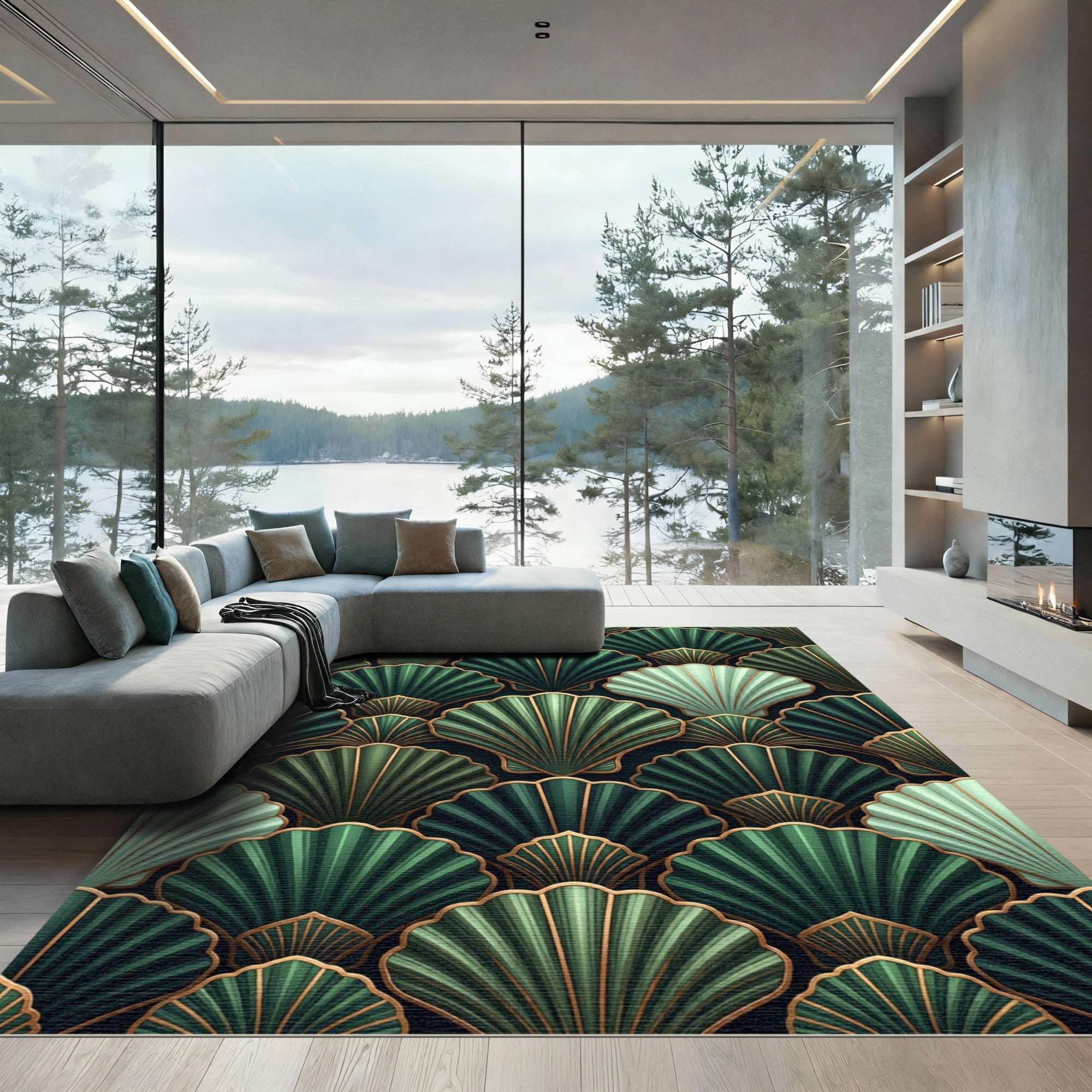 Deep Green Art Deco Fan Rug