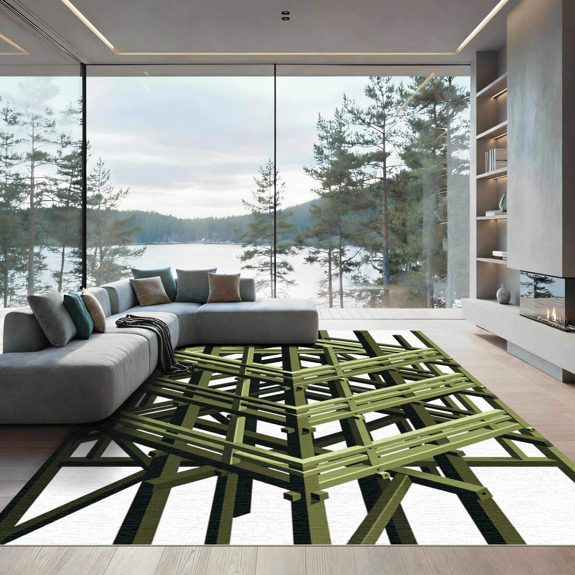 Green Geometric Rebar Abstraction Rug