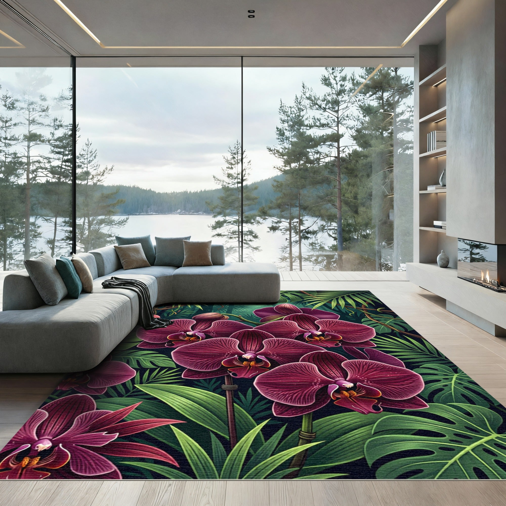 Lush Deep Purple Orchid Jungle Foliage Rug