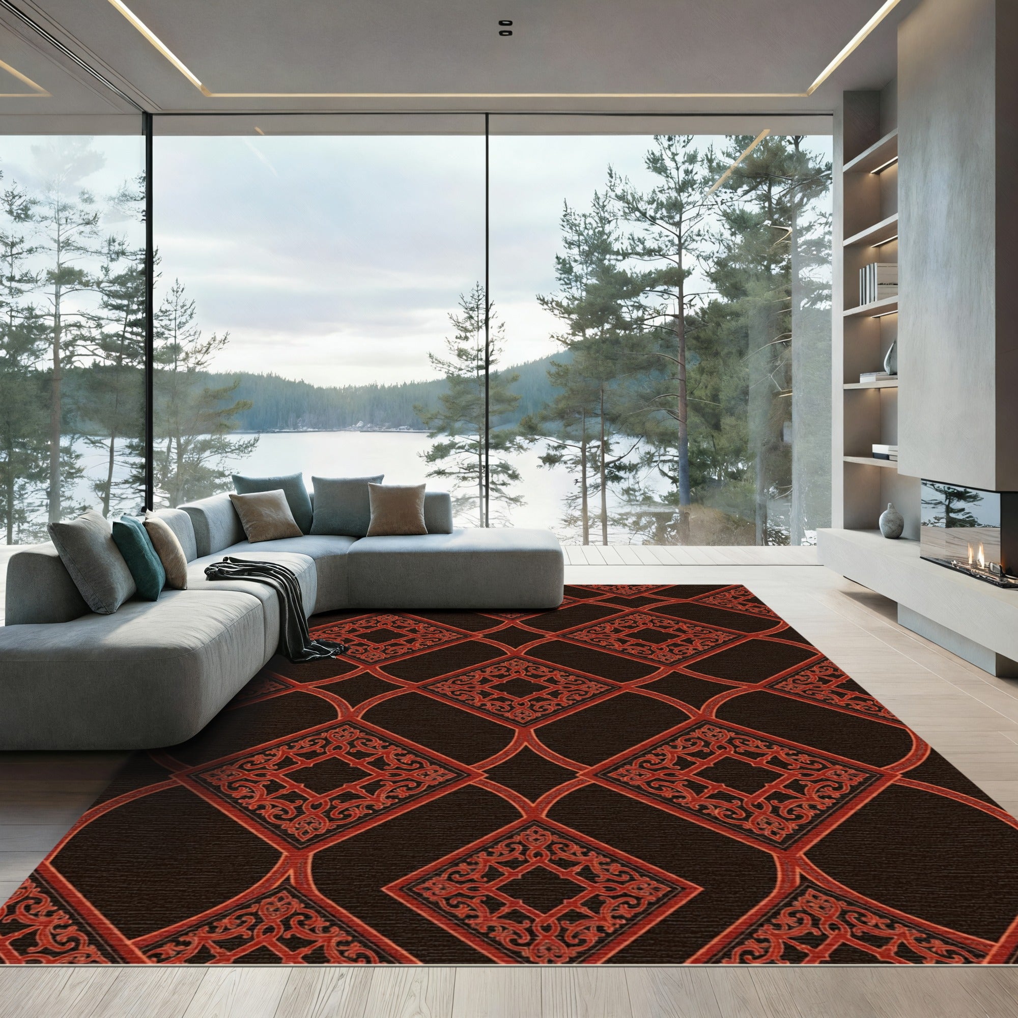 Deep Red Lattice Scrollwork Inlay Rug