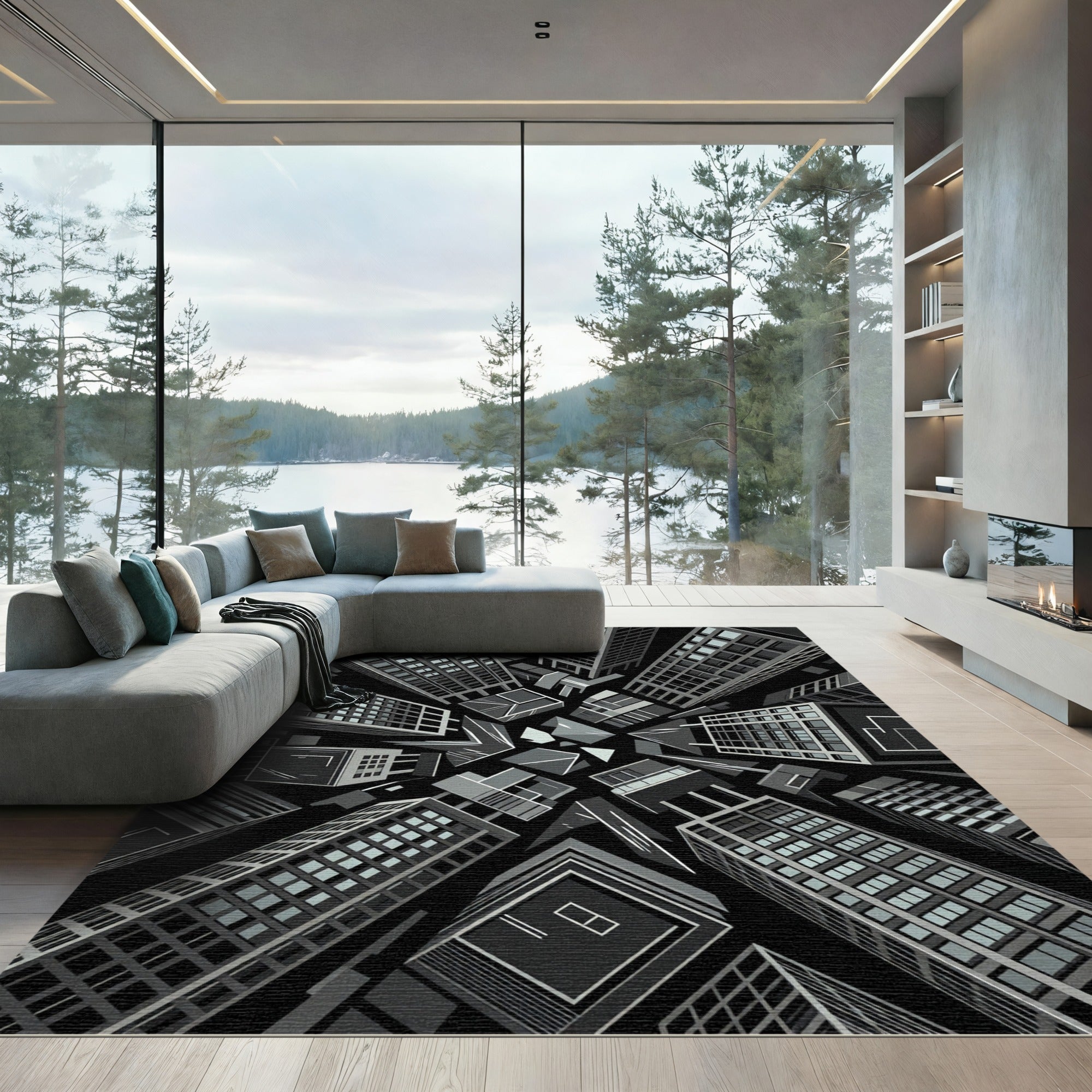 Monochromatic Urban Skyline Perspective Rug
