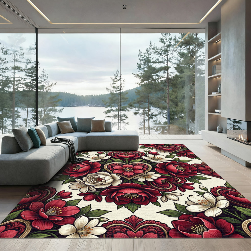 Crimson White Floral Heart Bouquet Rug