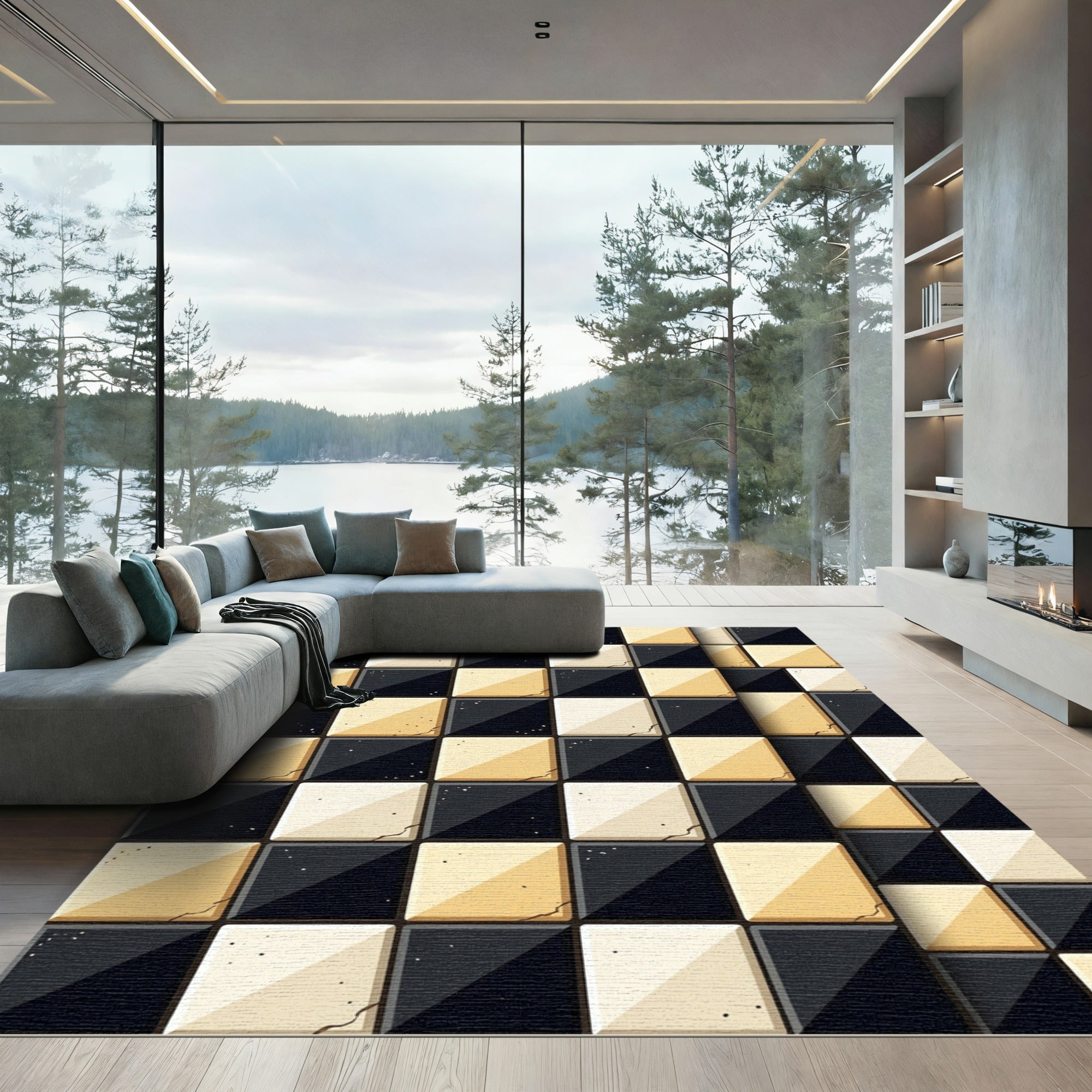 Black Gold Checkerboard Relief Tiles Rug