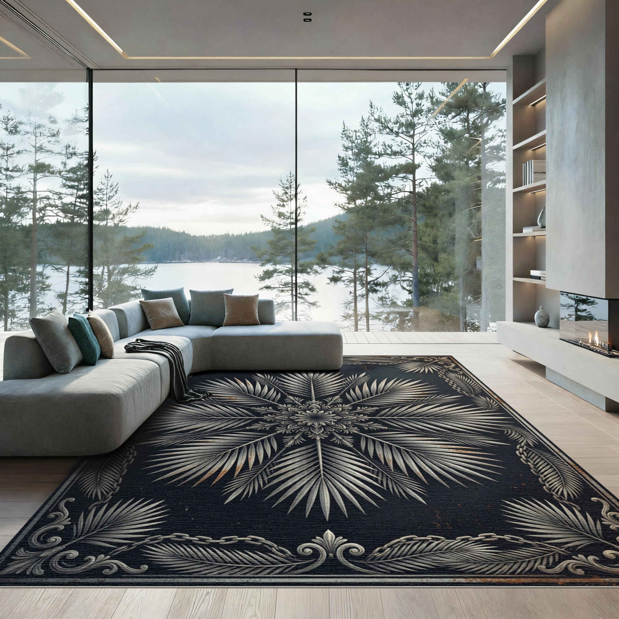 Metallic Silver Palm Leaf Mandala Rug