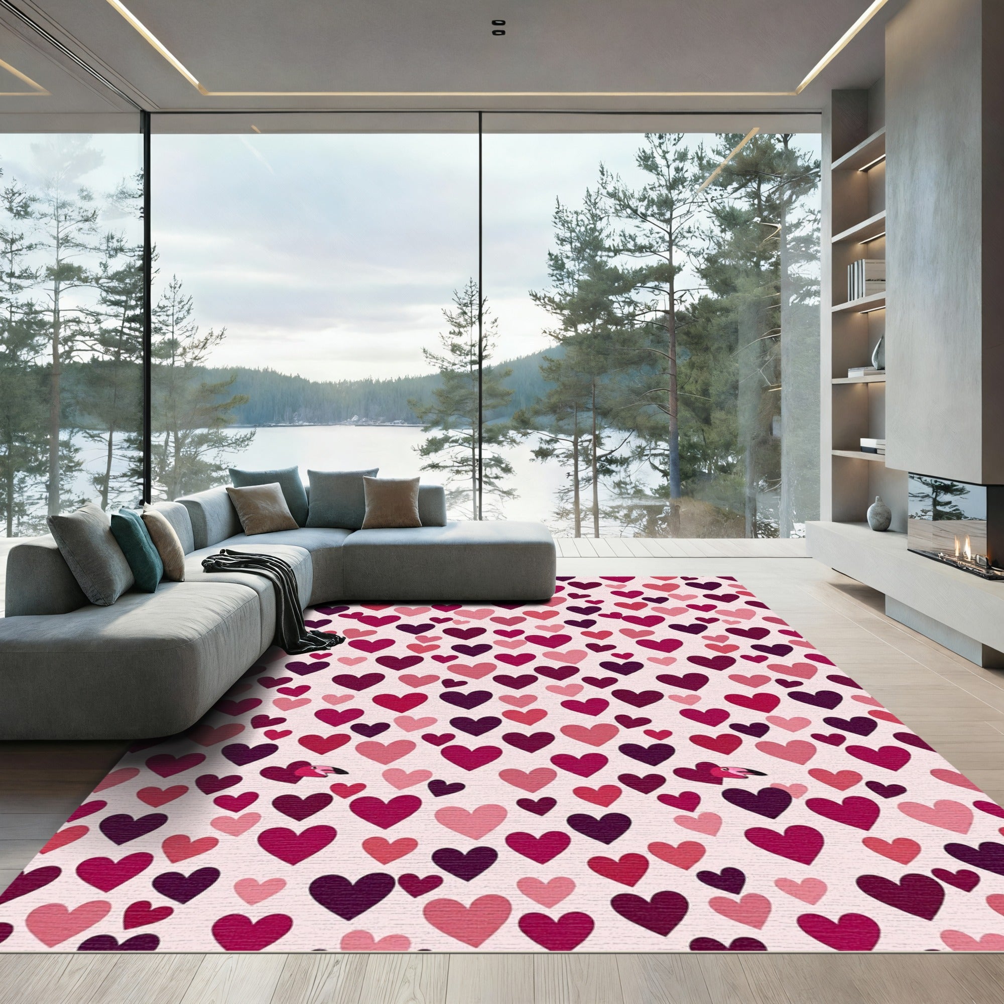 Crimson Pink Hearts Flock Composition Rug