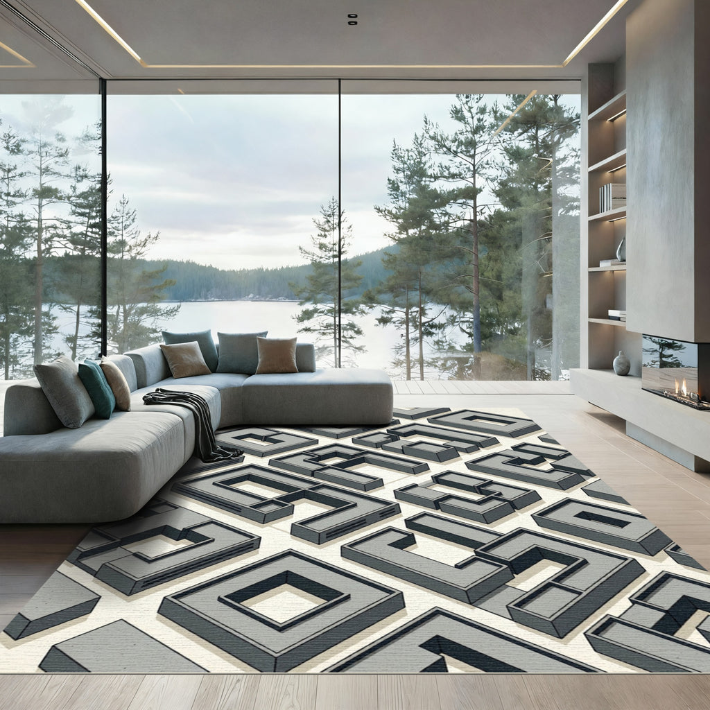 Minimalist Gray Isometric Maze Architecture Rug