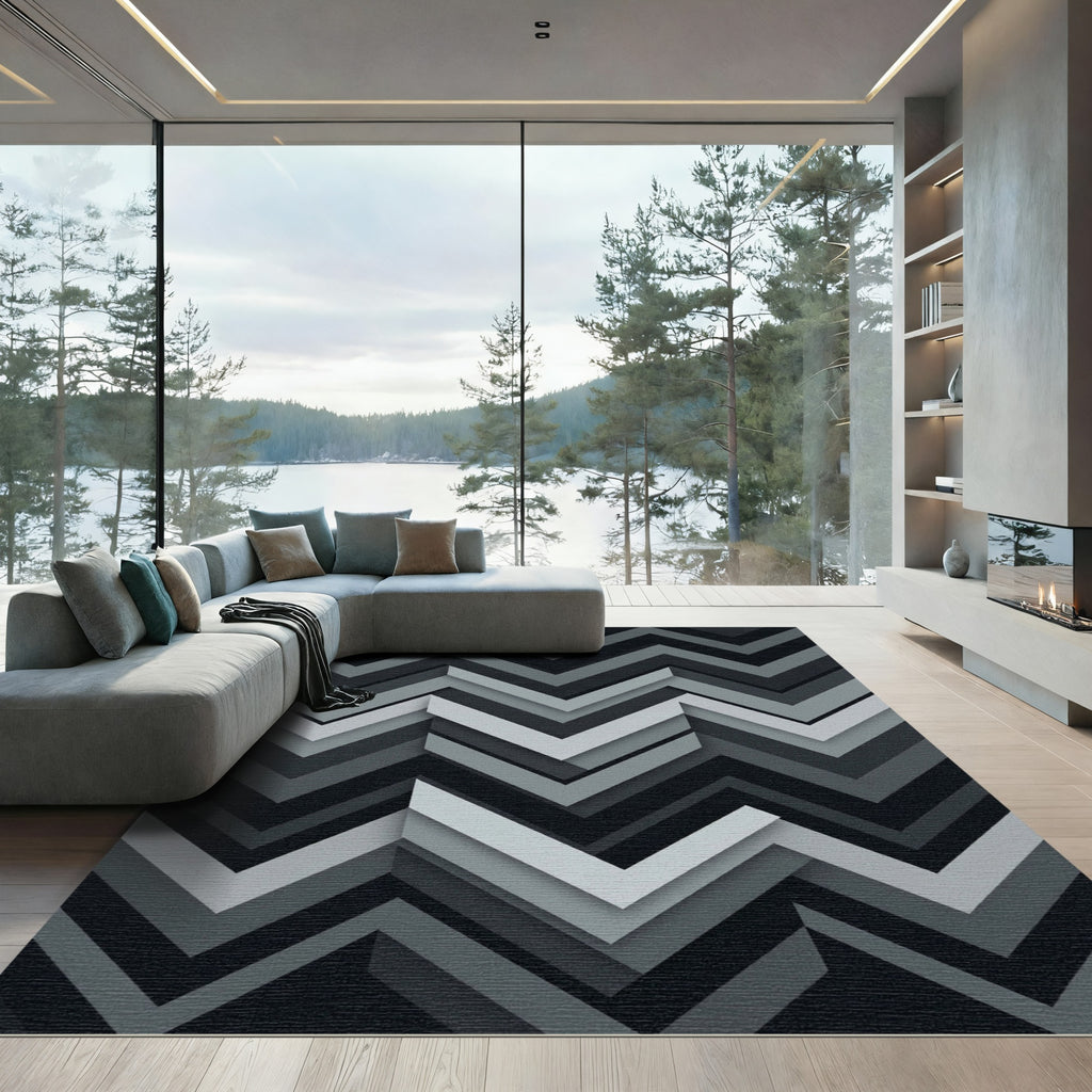 Modern Monochrome Layered Chevron Art Rug