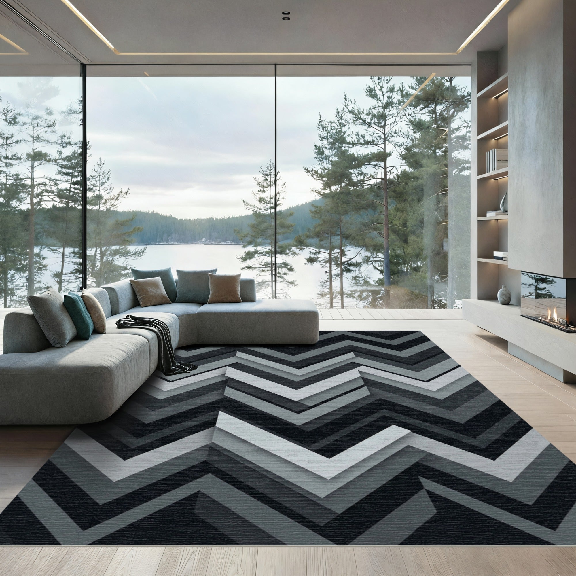 Modern Monochrome Layered Chevron Art Rug