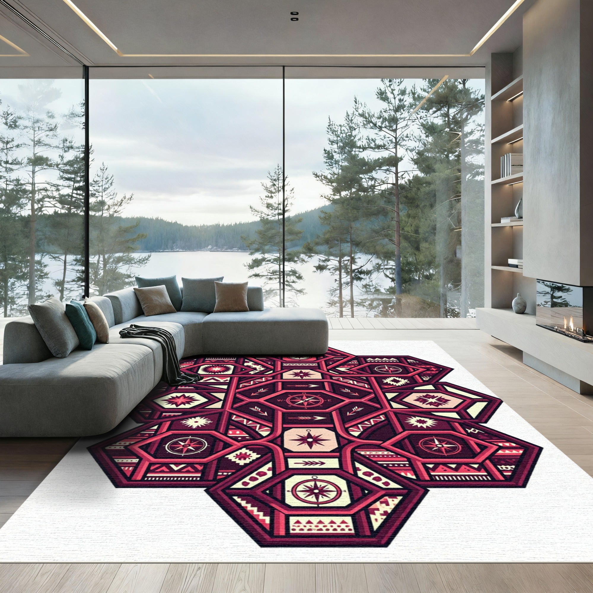 Crimson Geometric Compass Starburst Rug