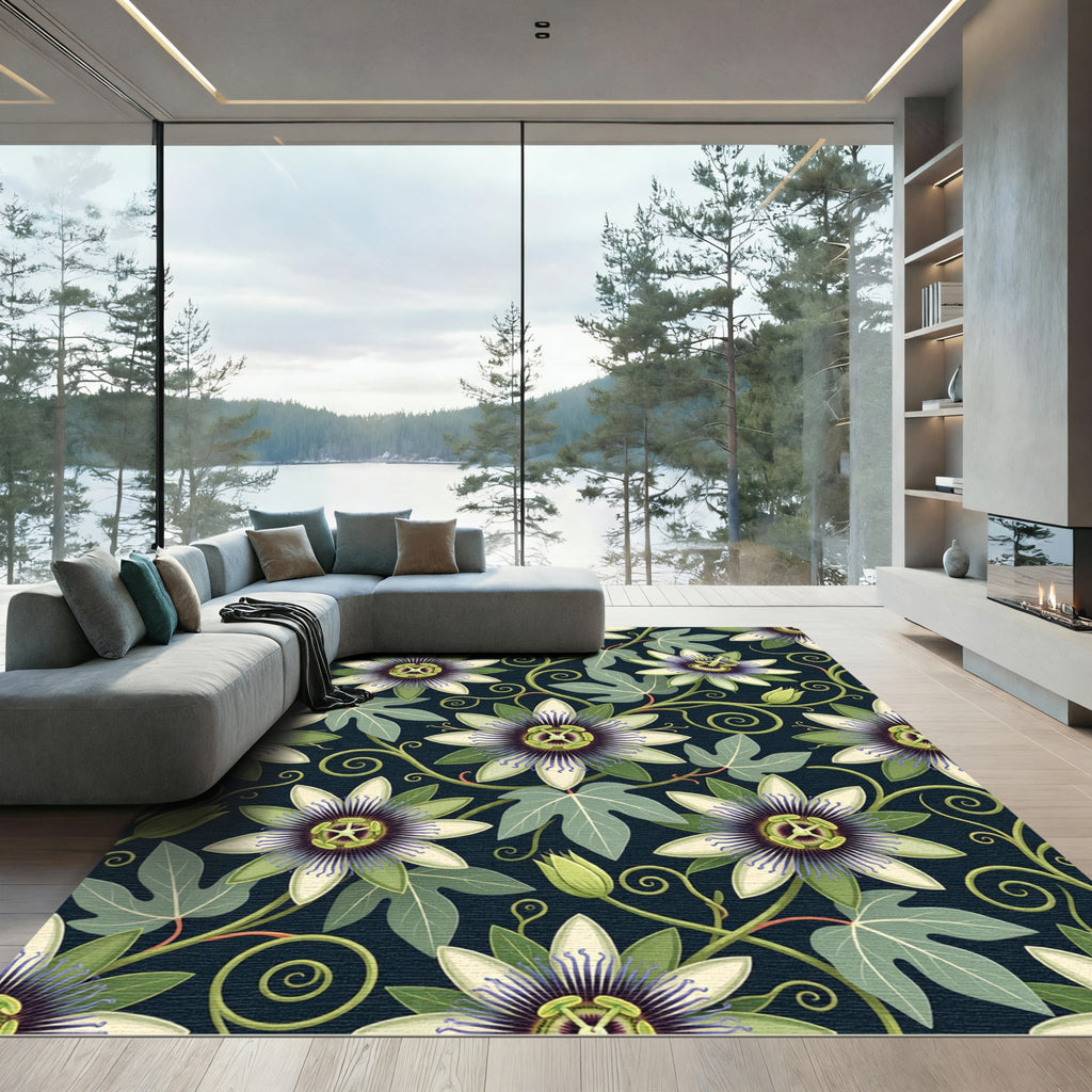 Botanical Passion Flower Vine Midnight Rug