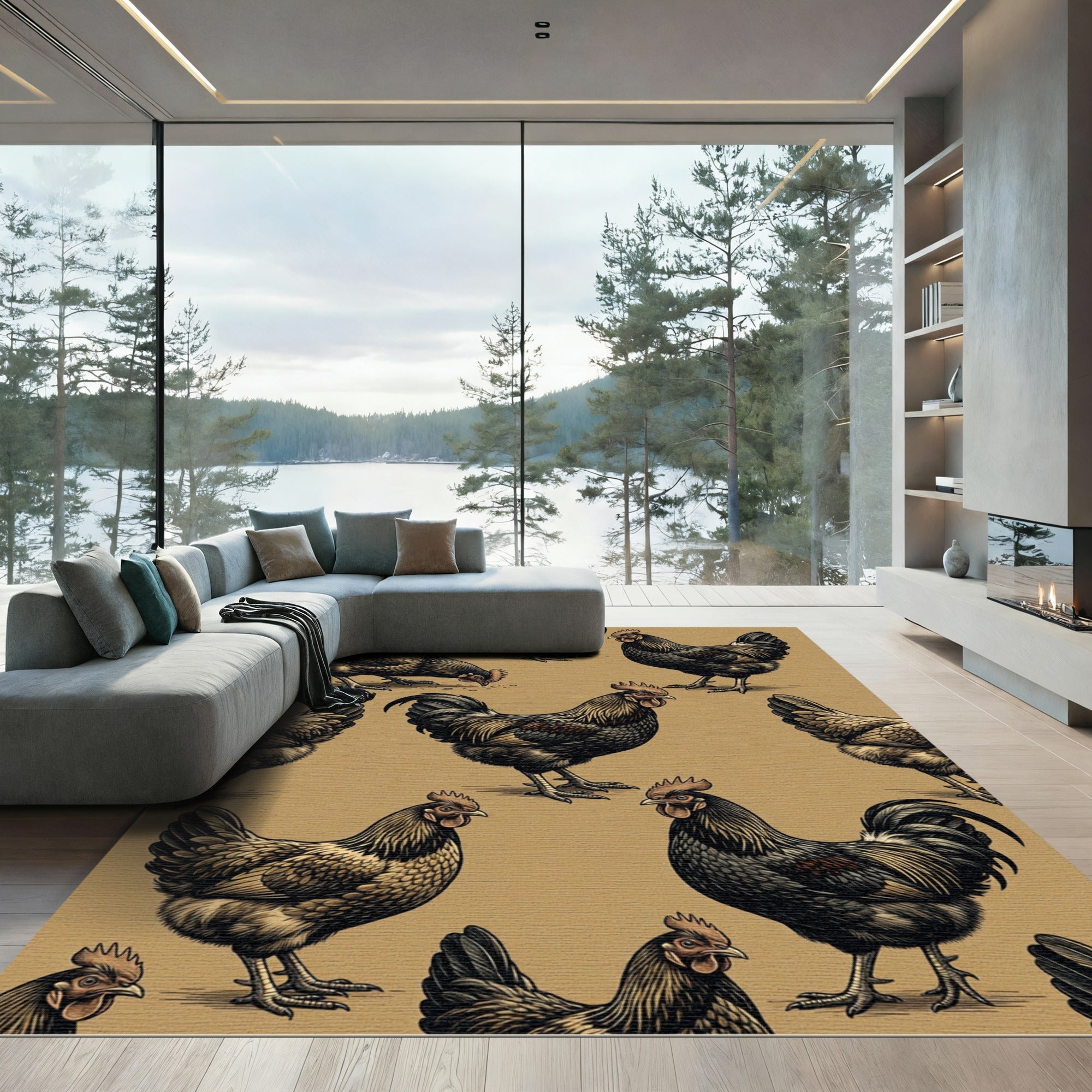 Classic Black Rooster Farmhouse Tan Rug