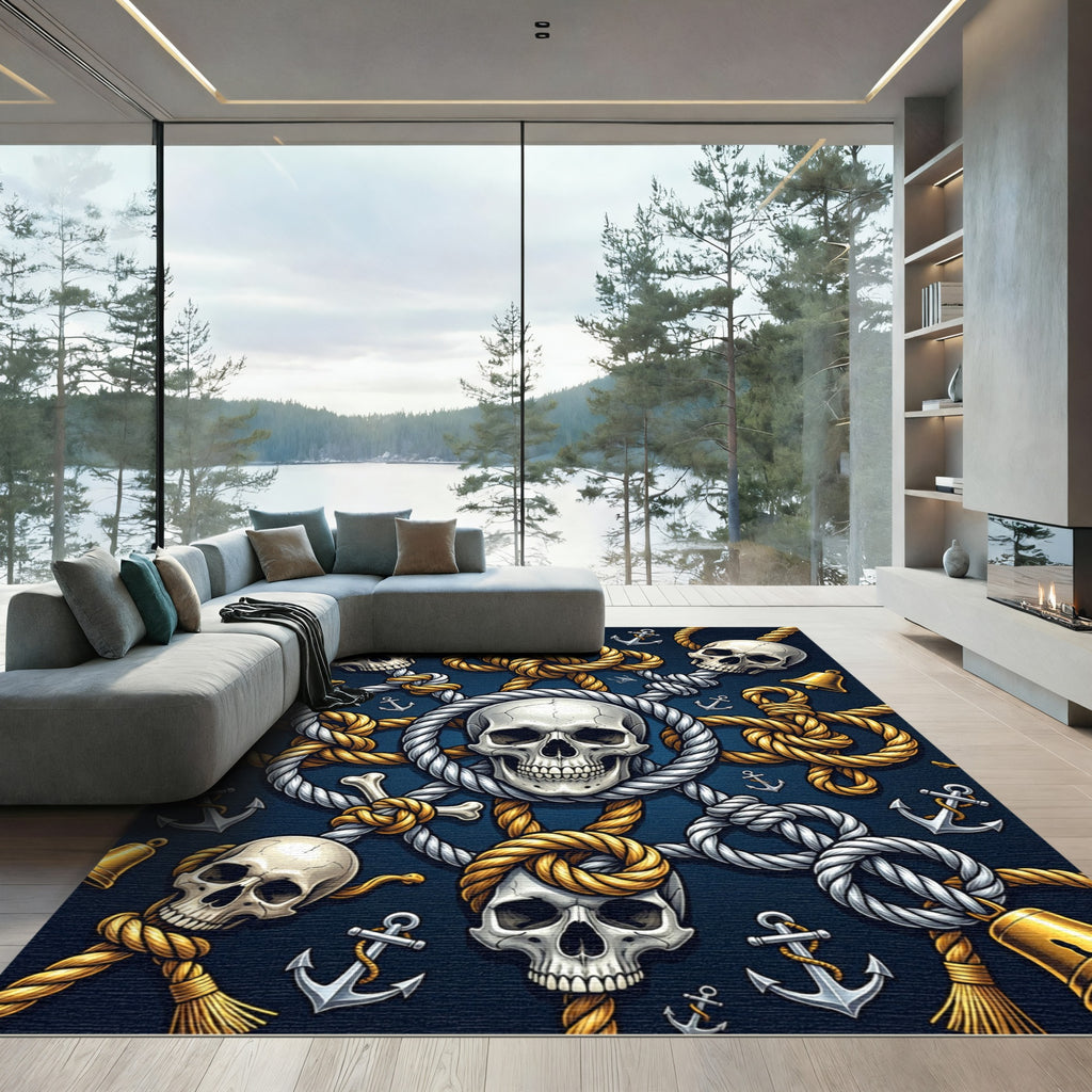 Nautical Skull and Golden Rope Medallion Rug