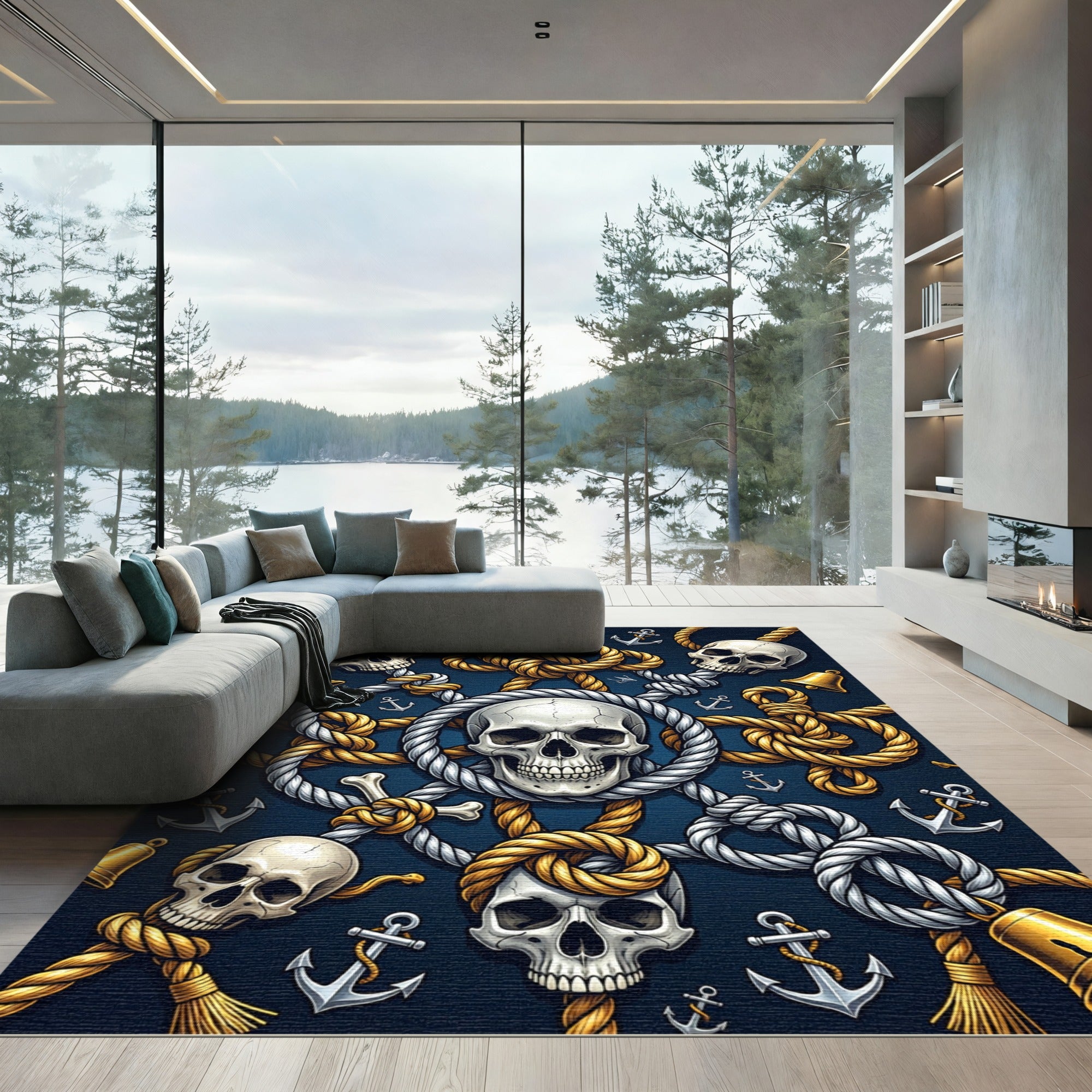 Nautical Skull and Golden Rope Medallion Rug