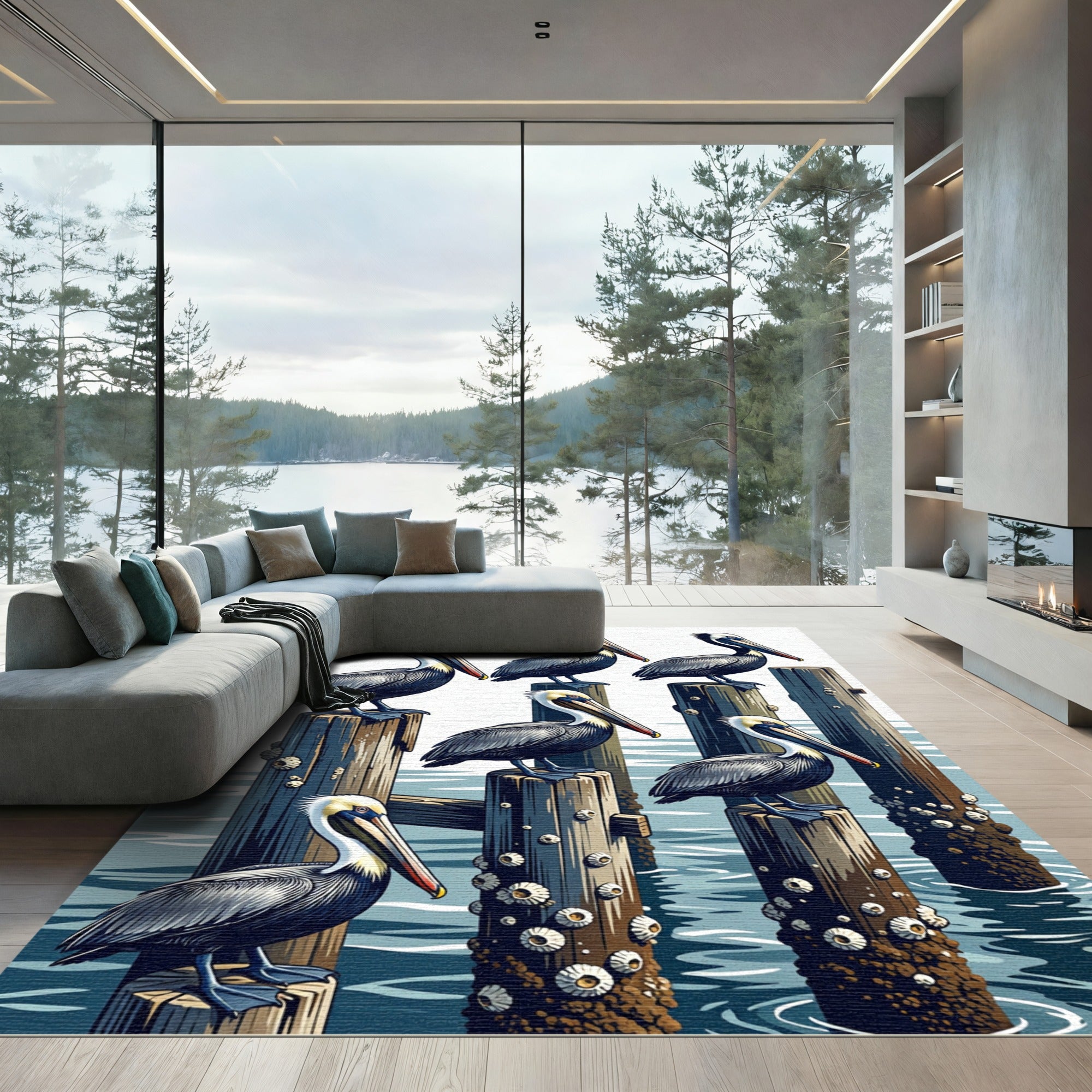 Coastal Pelican Perch Art Illustration Rug
