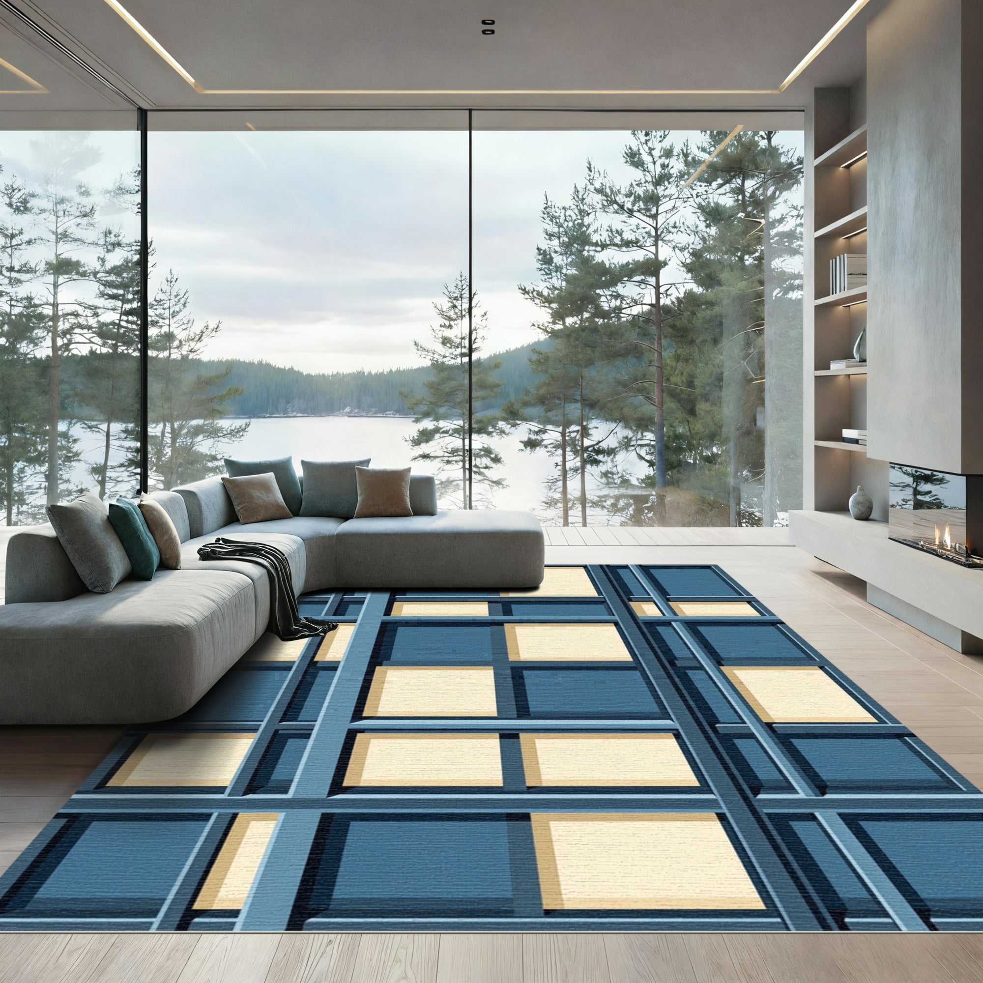 Deep Blue Grid Square Windows Rug