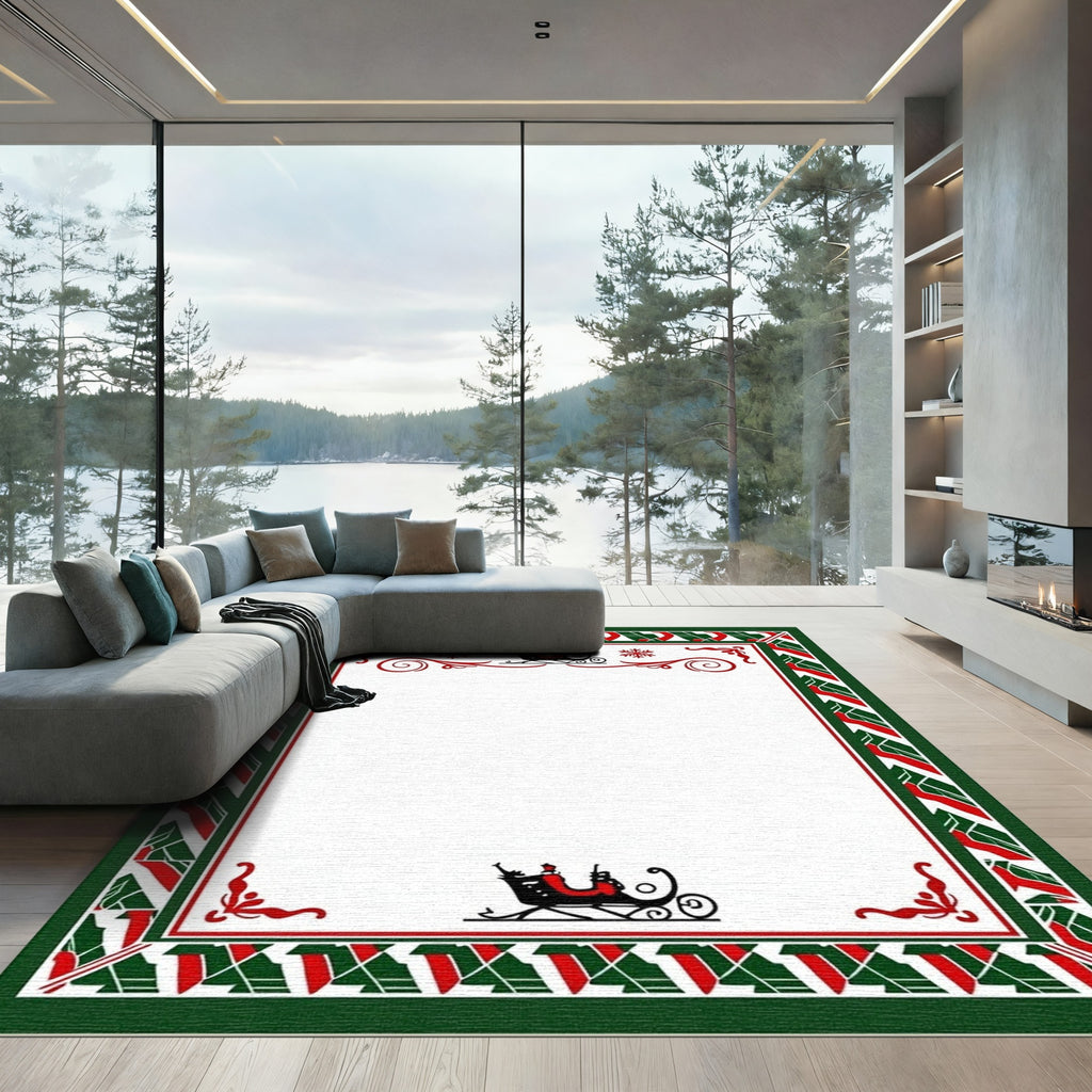 Festive Red Green Sleigh Border Rug