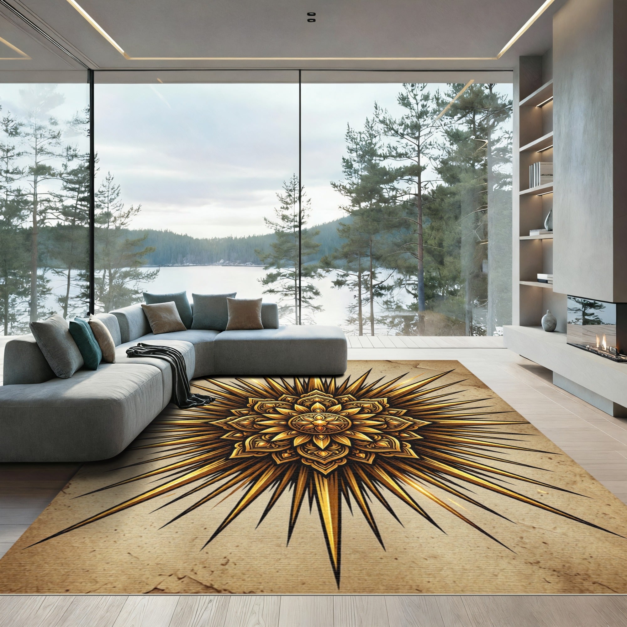 Radiant Golden Sunburst Mandala Rug