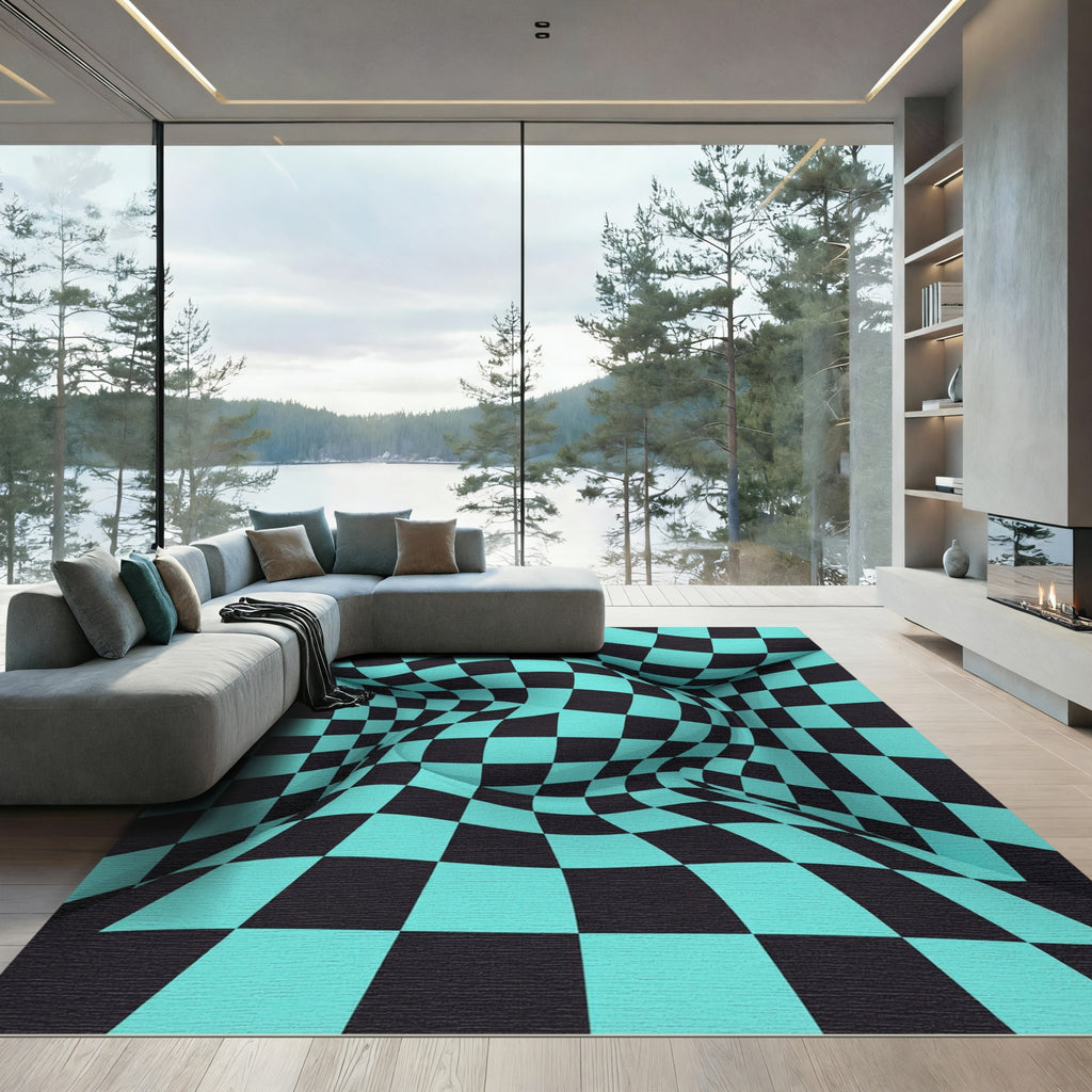Abstract Teal and Black Warped Checkerboard Rug