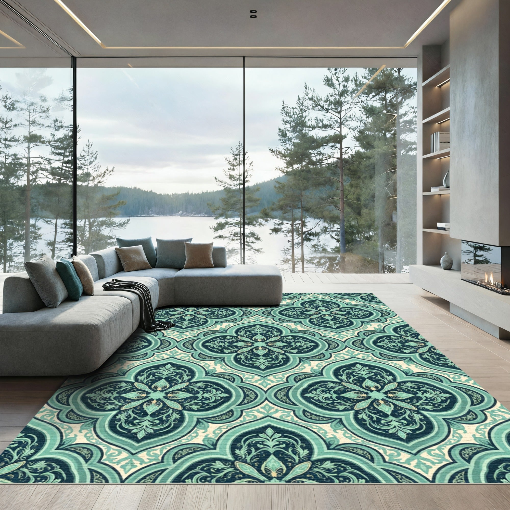 Ornate Teal Damask Lattice Rug