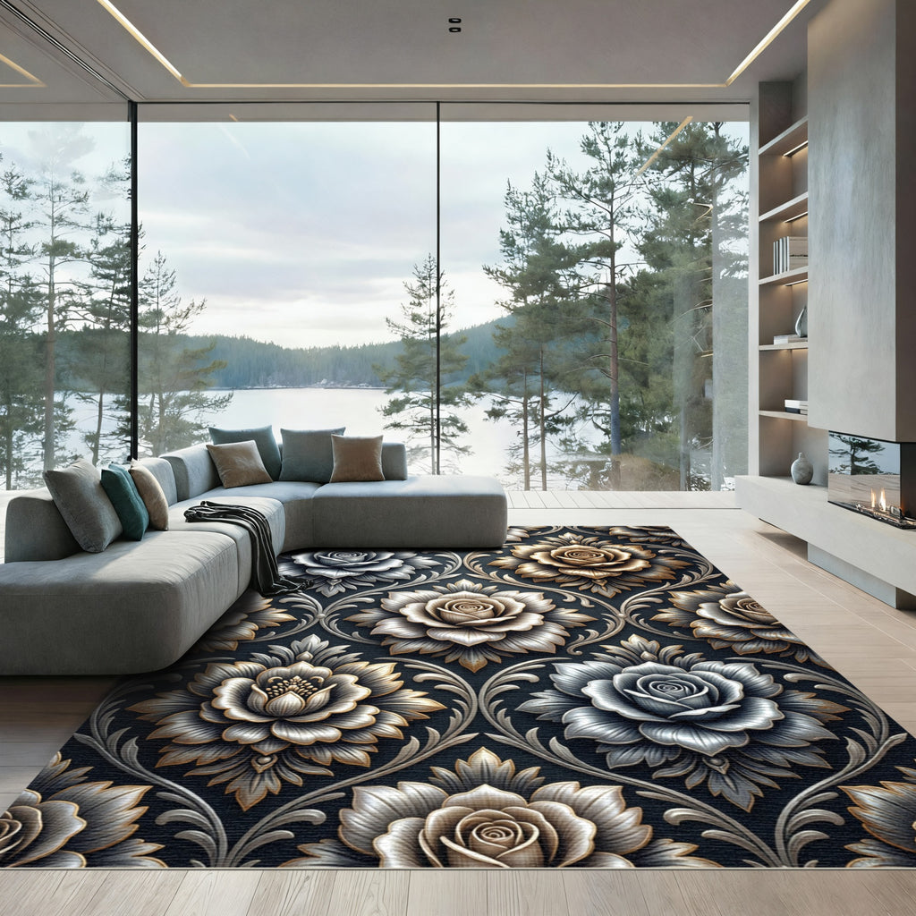 Metallic Silver and Gold Rose Damask Rug