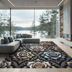 Metallic Silver and Gold Rose Damask Rug