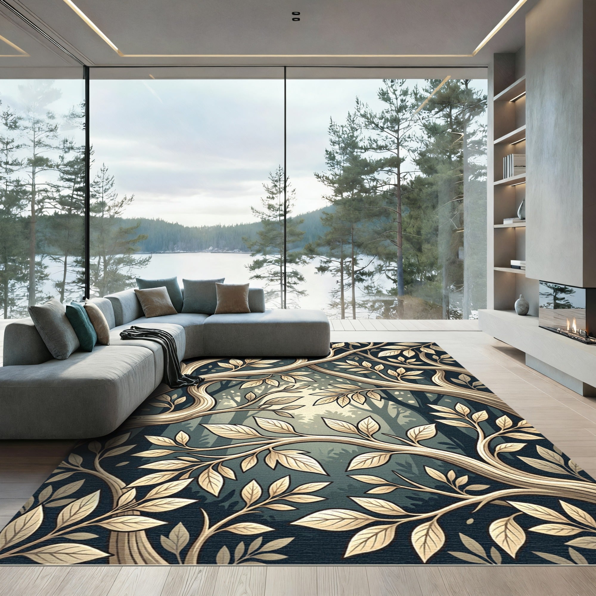 Enchanted Forest Branches Golden Leaves Rug