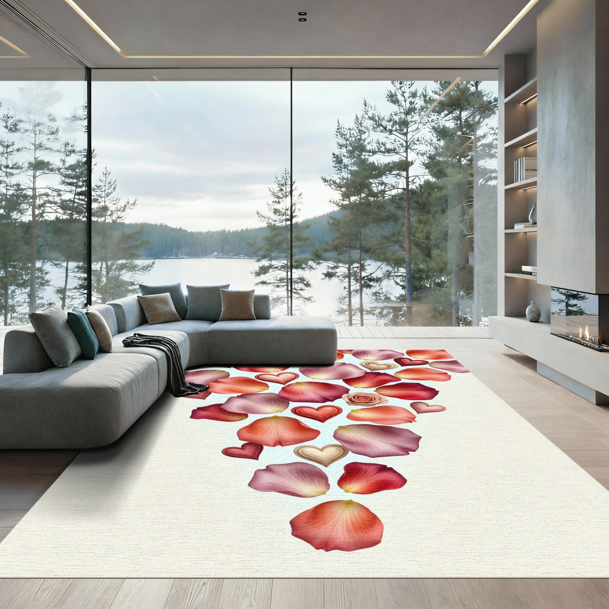 Romantic Rose Petals and Hearts Scatter Rug